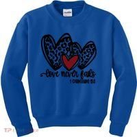 Love Never Fails Valentines Day Couples Tee Leopard Heart Gift Kids Sweatshirt thumb 0