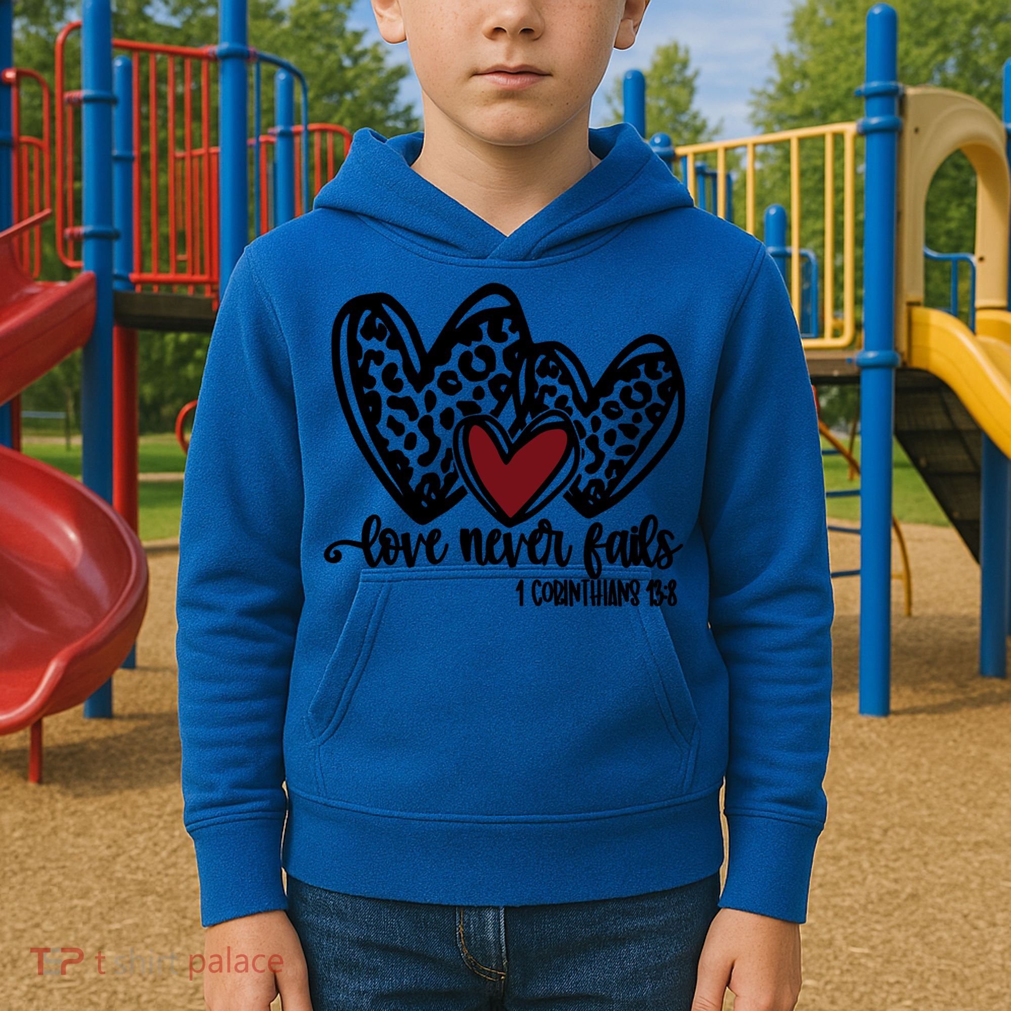 Love Never Fails Valentines Day Couples Tee Leopard Heart Gift Kids Hoodie