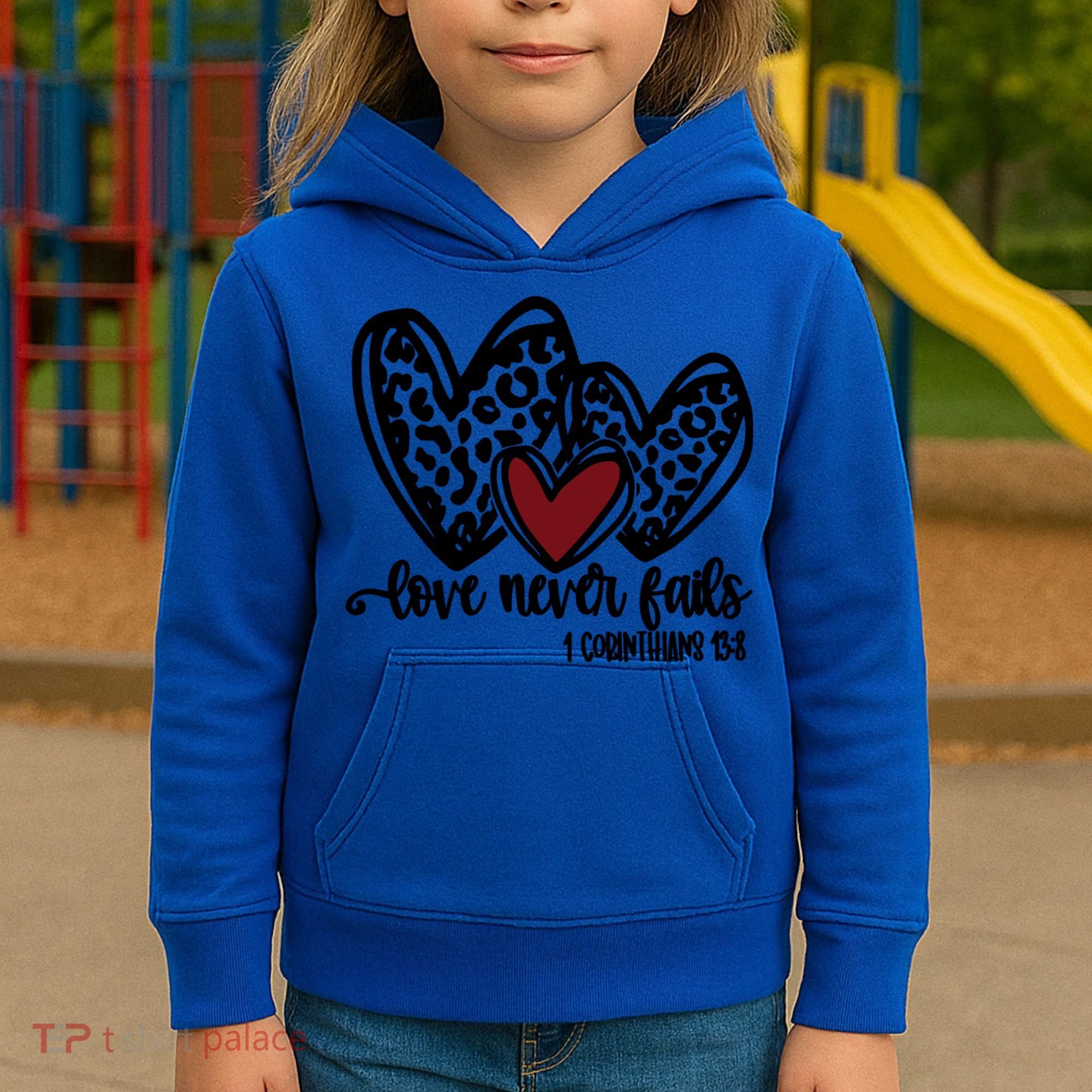 Love Never Fails Valentines Day Couples Tee Leopard Heart Gift Kids Hoodie