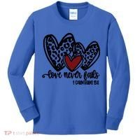 Love Never Fails Valentines Day Couples Tee Leopard Heart Gift Kids Long Sleeve Shirt thumb 0