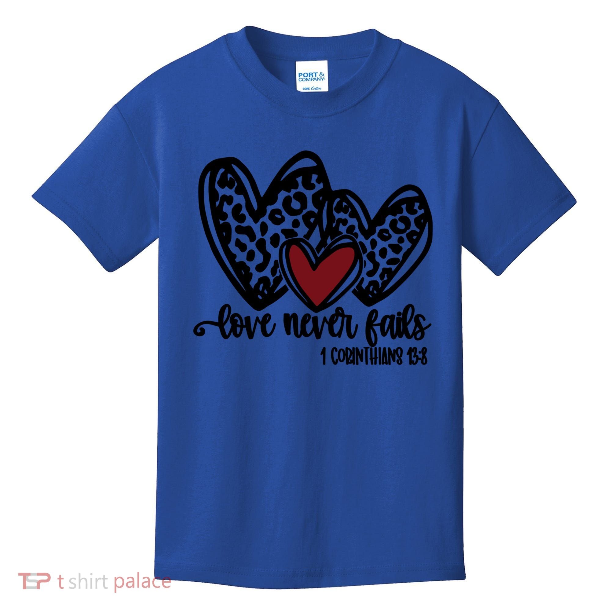 Love Never Fails Valentines Day Couples Tee Leopard Heart Gift Kids T-Shirt
