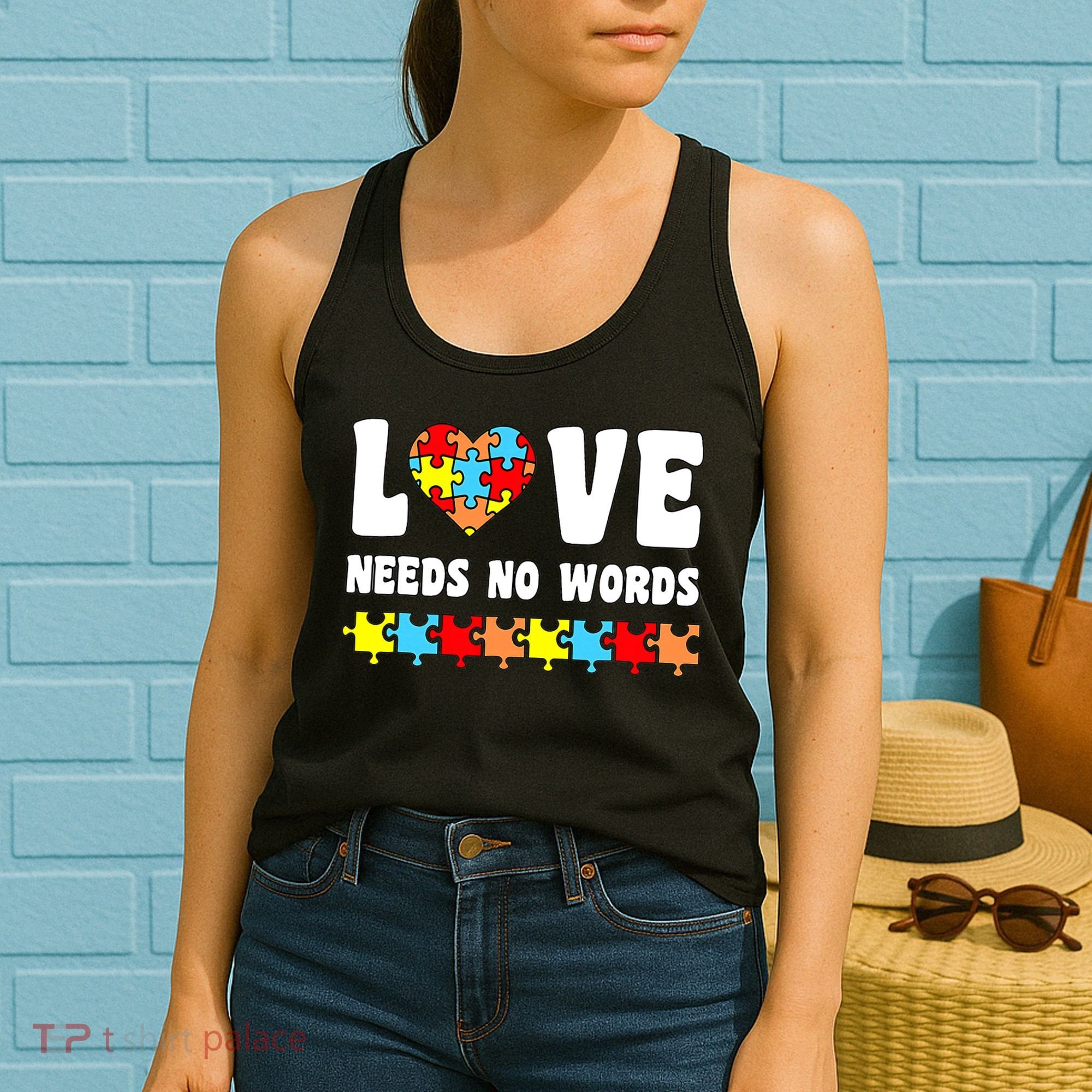 Love Needs No Words Puzzle Autism Awareness Teacher Women's Tank Top