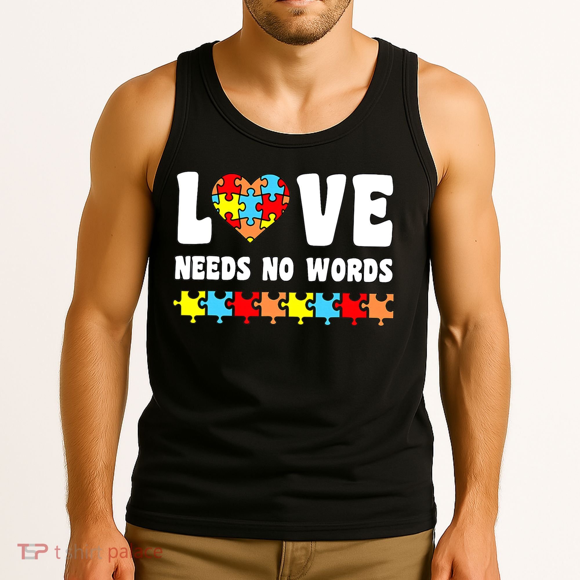 Love Needs No Words Puzzle Autism Awareness Teacher Tank Top