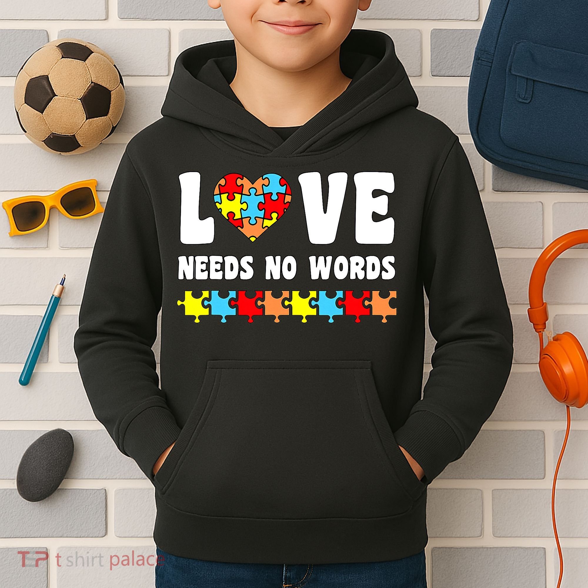 Love Needs No Words Puzzle Autism Awareness Teacher Kids Hoodie