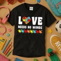 Love Needs No Words Puzzle Autism Awareness Teacher Kids T-Shirt thumb 3