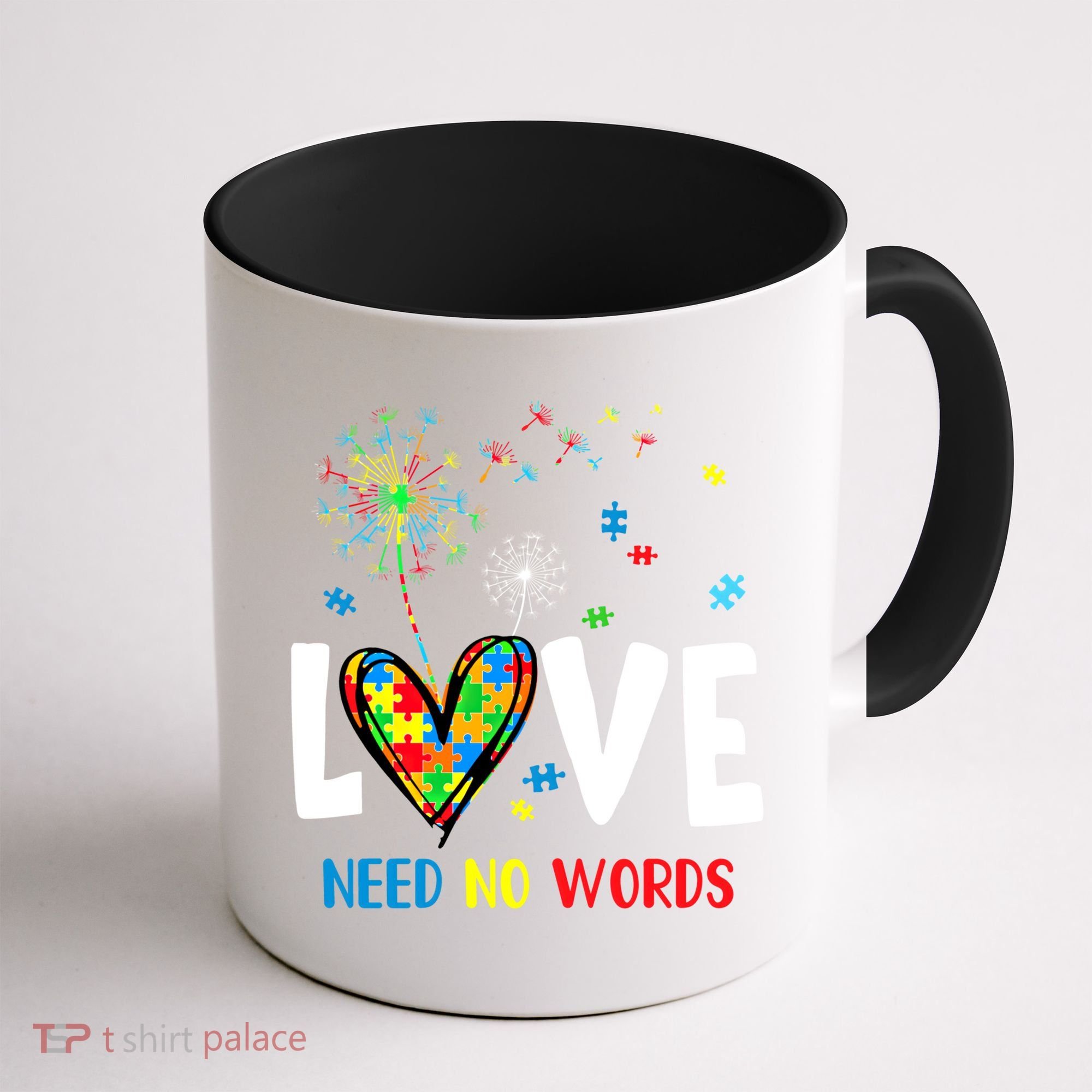 Love Needs No Words Autism Awareness Heart Puzzle Dandelion Funny Gift Coffee Mug