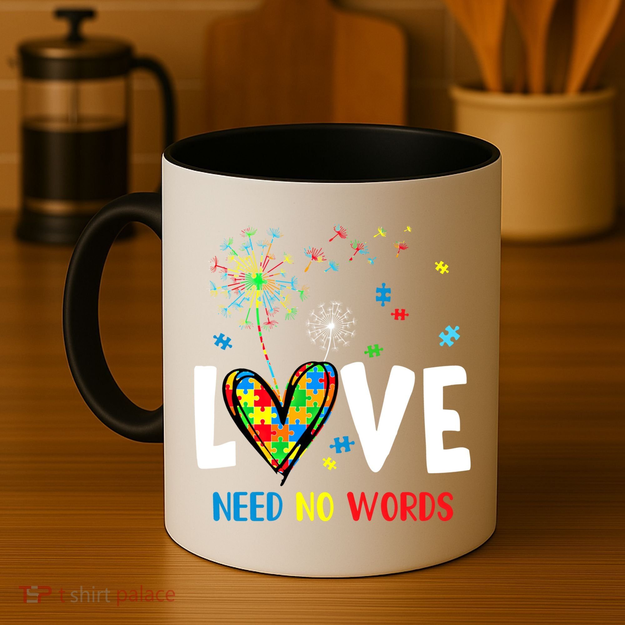 Love Needs No Words Autism Awareness Heart Puzzle Dandelion Funny Gift Coffee Mug