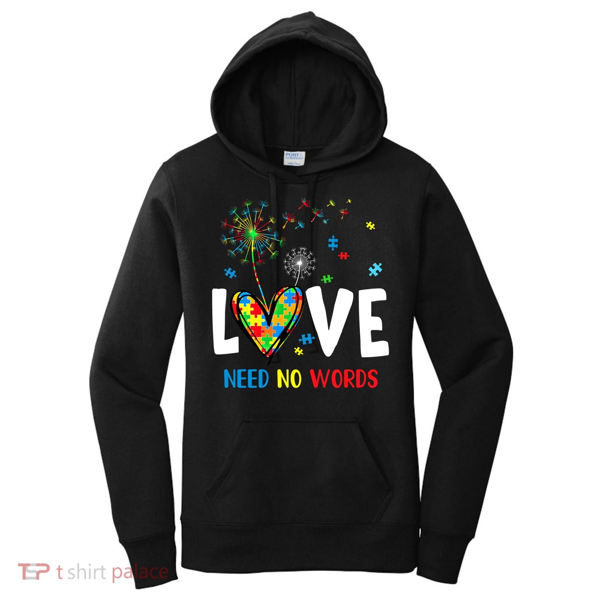 Love Needs No Words Autism Awareness Heart Puzzle Dandelion Funny Gift Women's Hoodie