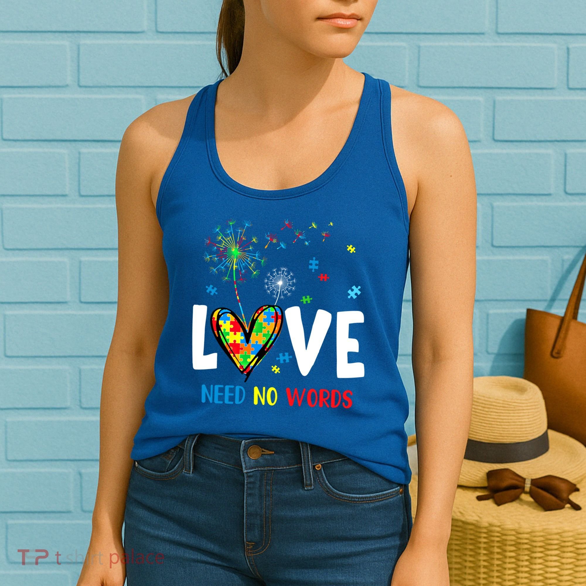 Love Needs No Words Autism Awareness Heart Puzzle Dandelion Funny Gift Women's Tank Top