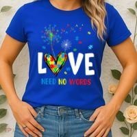 Love Needs No Words Autism Awareness Heart Puzzle Dandelion Funny Gift Women's T-Shirt thumb 2