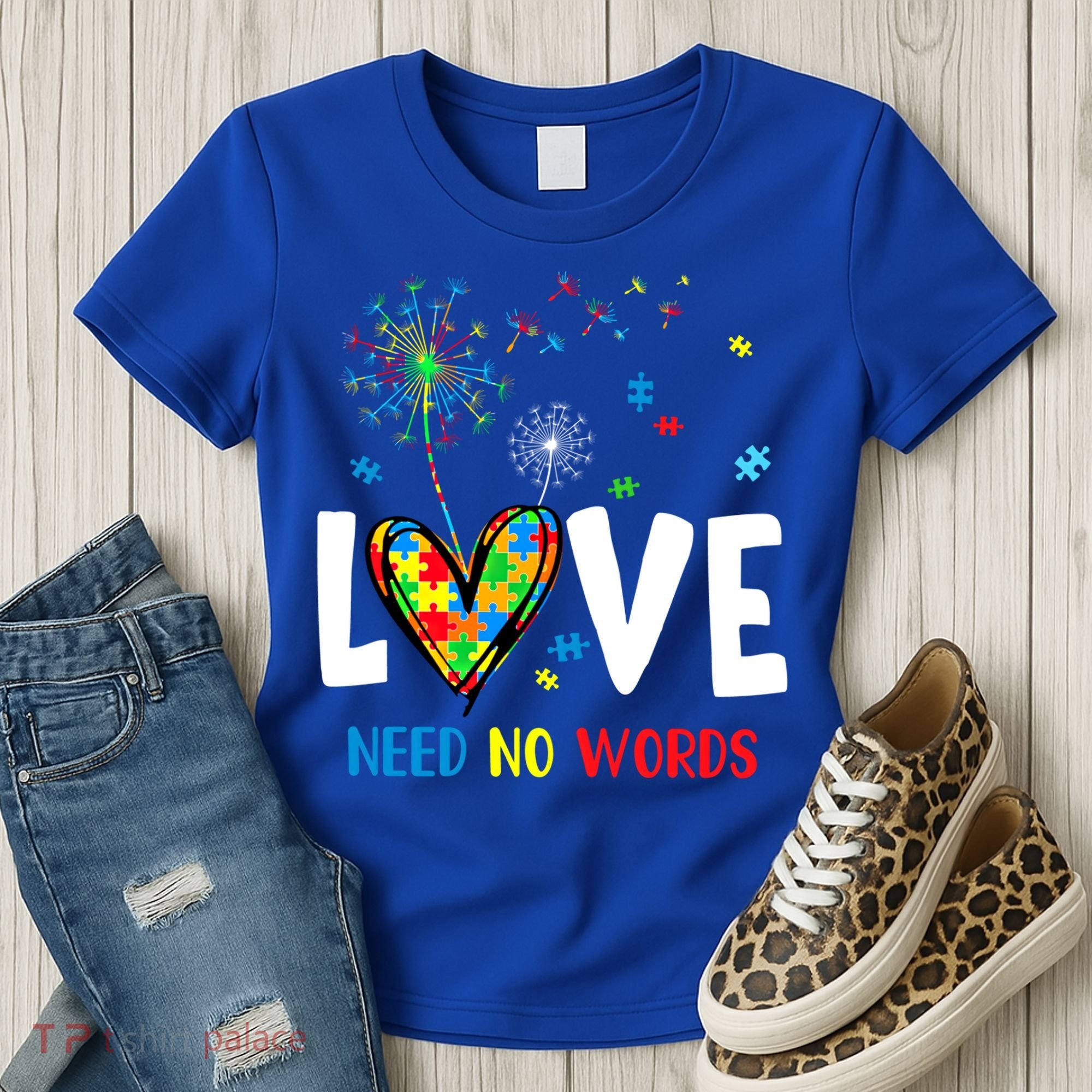 Love Needs No Words Autism Awareness Heart Puzzle Dandelion Funny Gift Women's T-Shirt