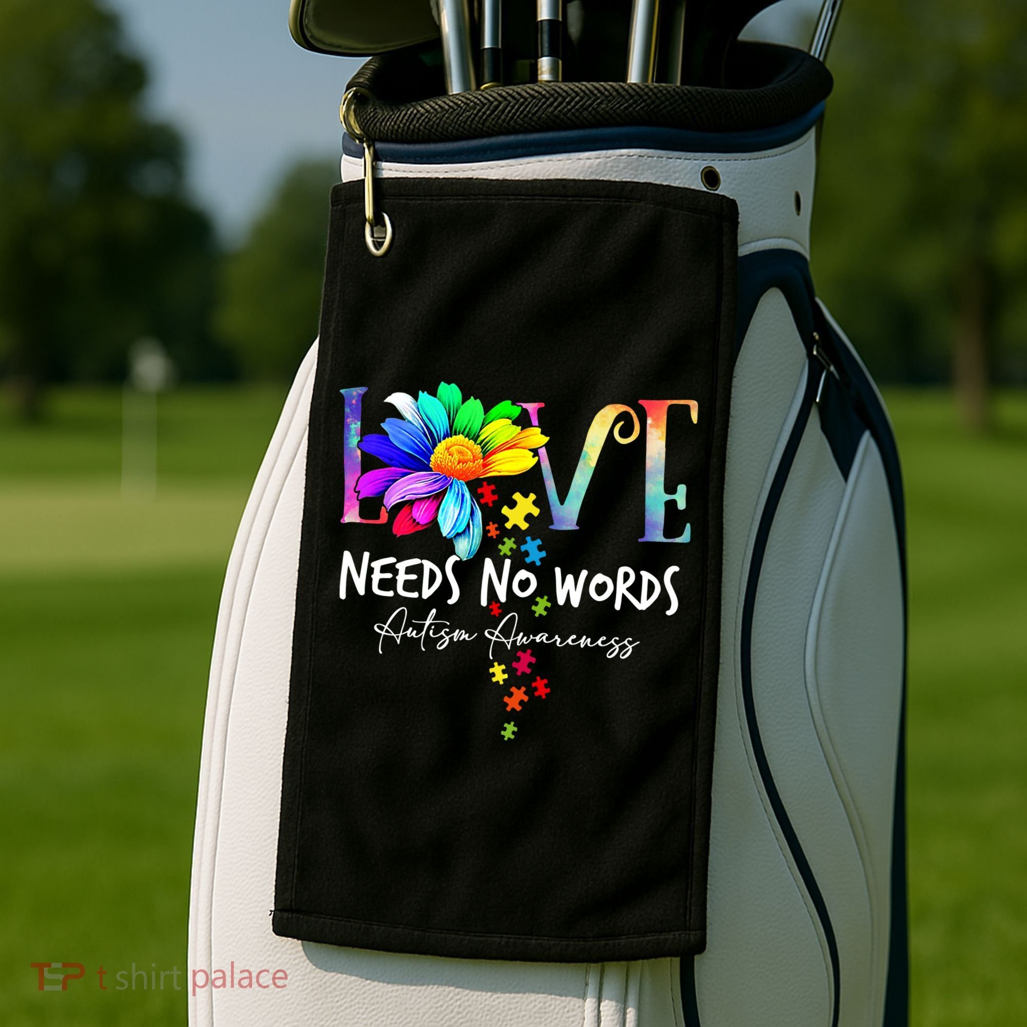 Love Needs No Words – Autism Awareness Puzzle Autism Symbol Cool Gift Golf Towel