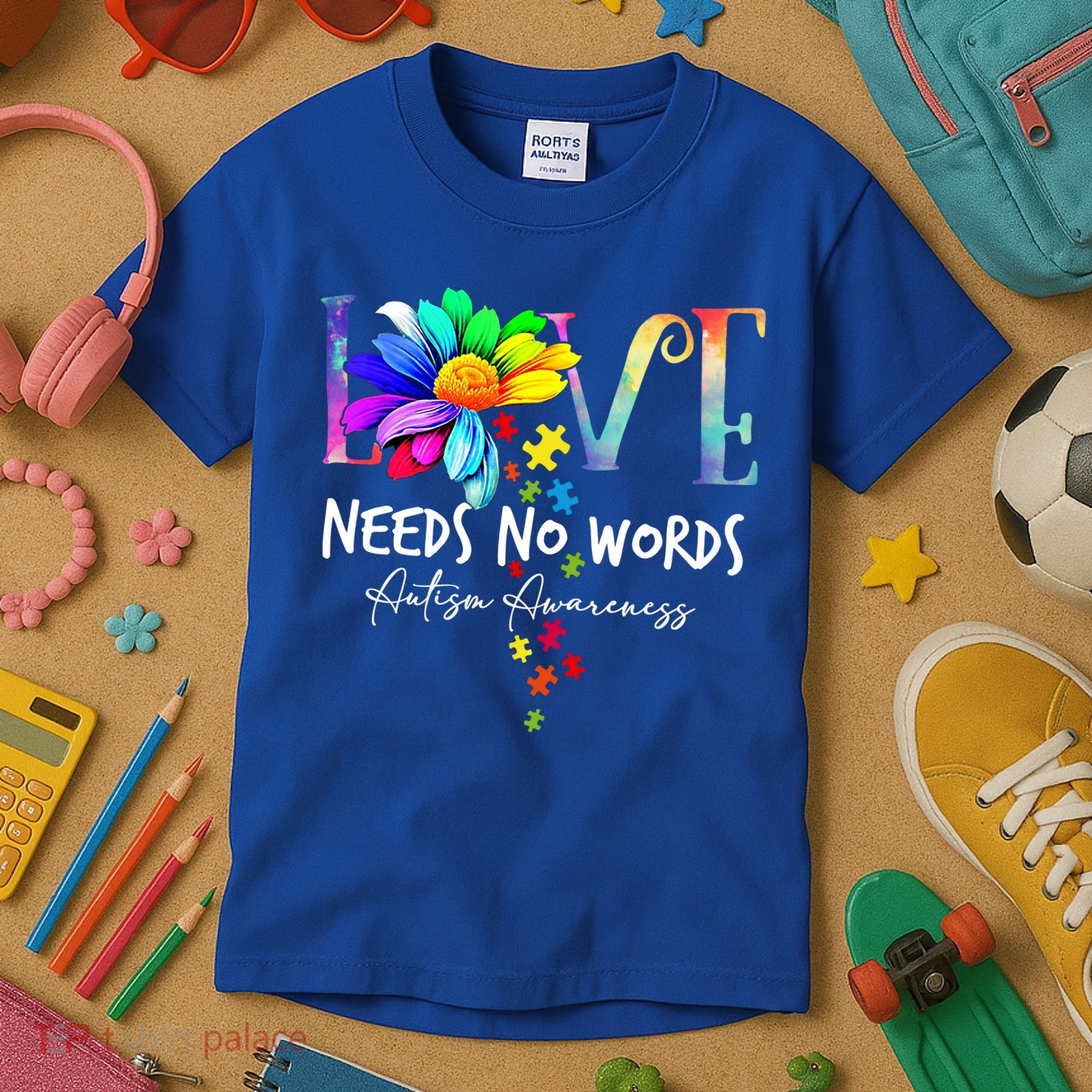Love Needs No Words – Autism Awareness Puzzle Autism Symbol Cool Gift Kids T-Shirt