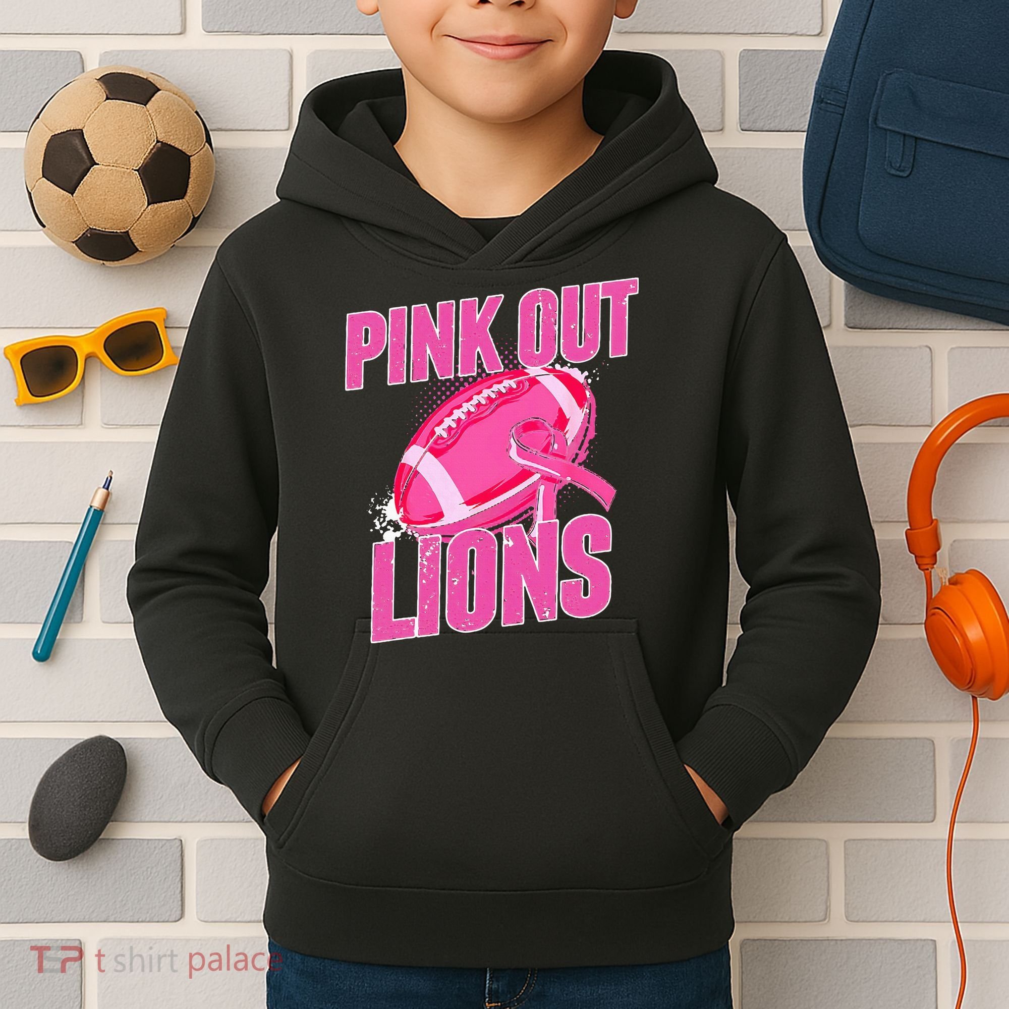 Lions Out Football Tackle Breast Cancer Kids Hoodie
