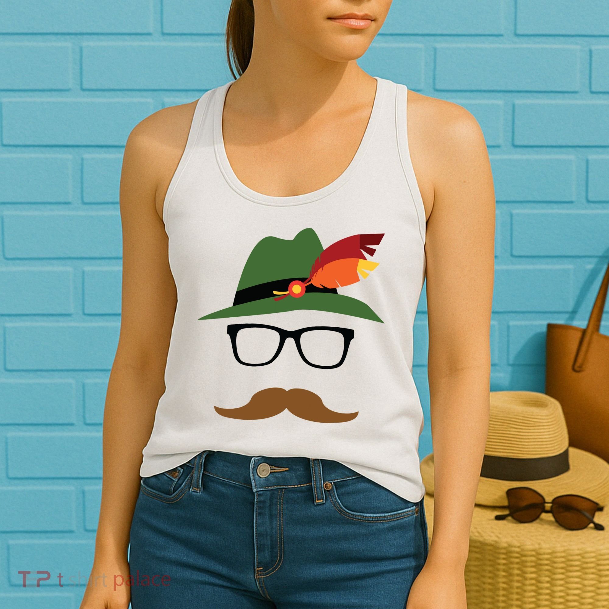 Lederhosen Oktoberfest German Face Glasses Halloween Costume Women's Tank Top