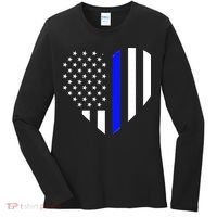 Love Our Police Officer US Flag Heart Thin Blue Line Women's Long Sleeve Shirt thumb 0