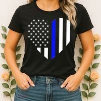 Love Our Police Officer US Flag Heart Thin Blue Line Women's T-Shirt thumb 2