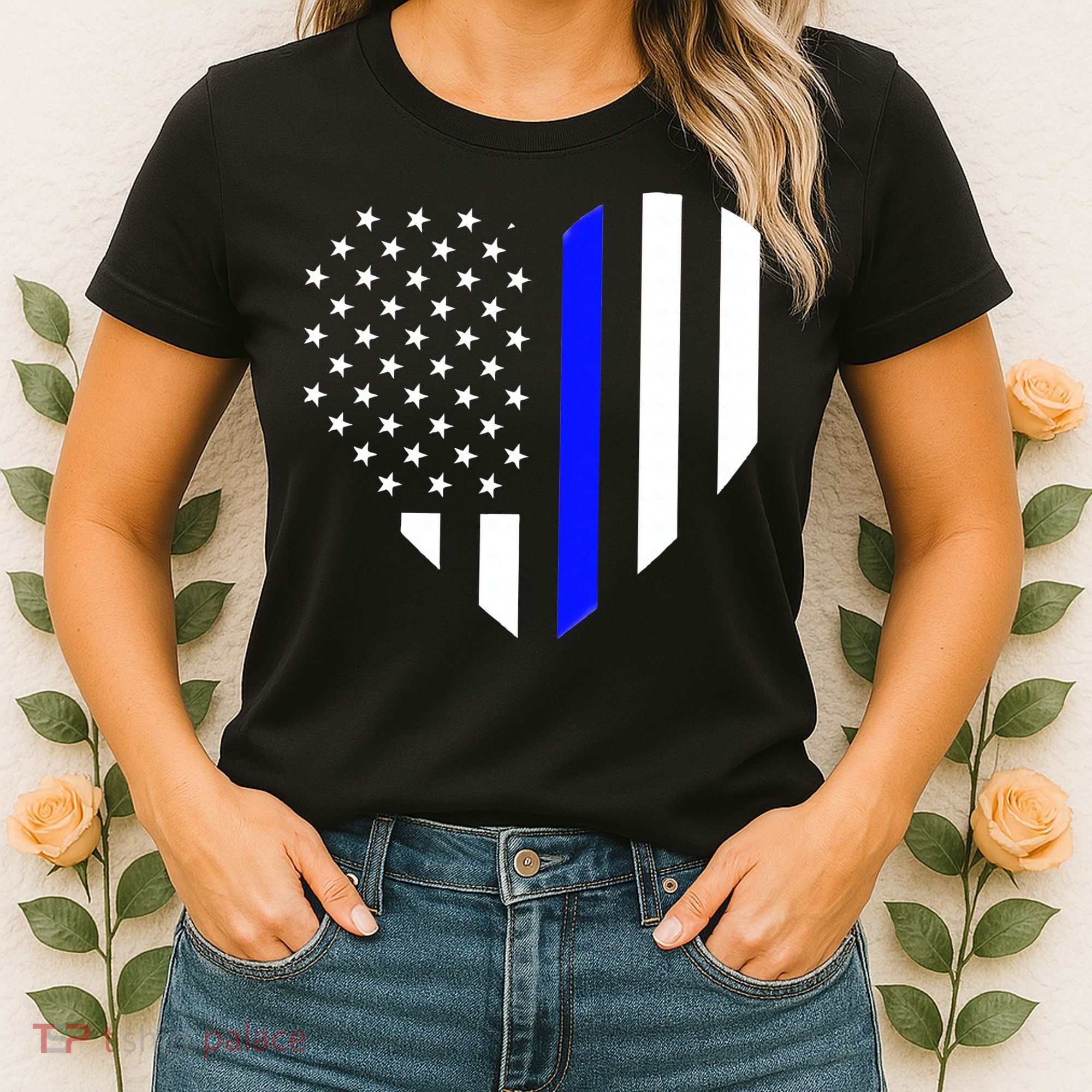 Love Our Police Officer US Flag Heart Thin Blue Line Women's T-Shirt