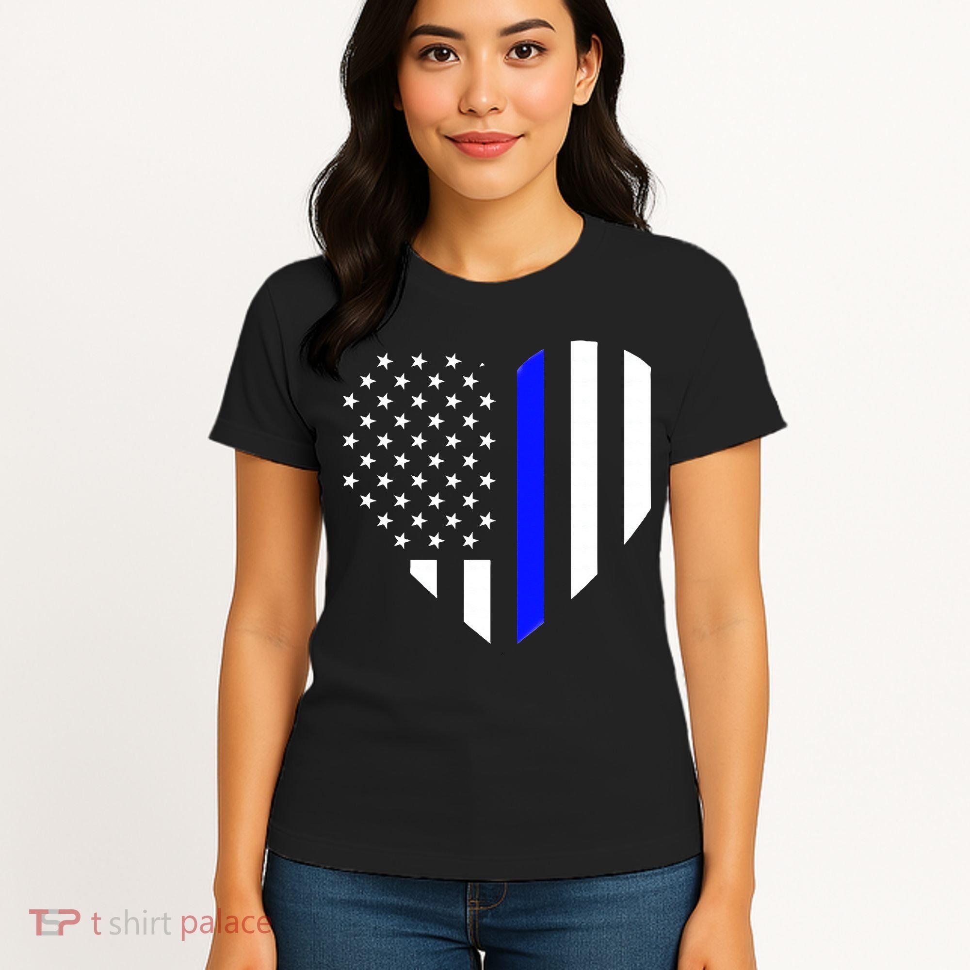 Love Our Police Officer US Flag Heart Thin Blue Line Women's T-Shirt