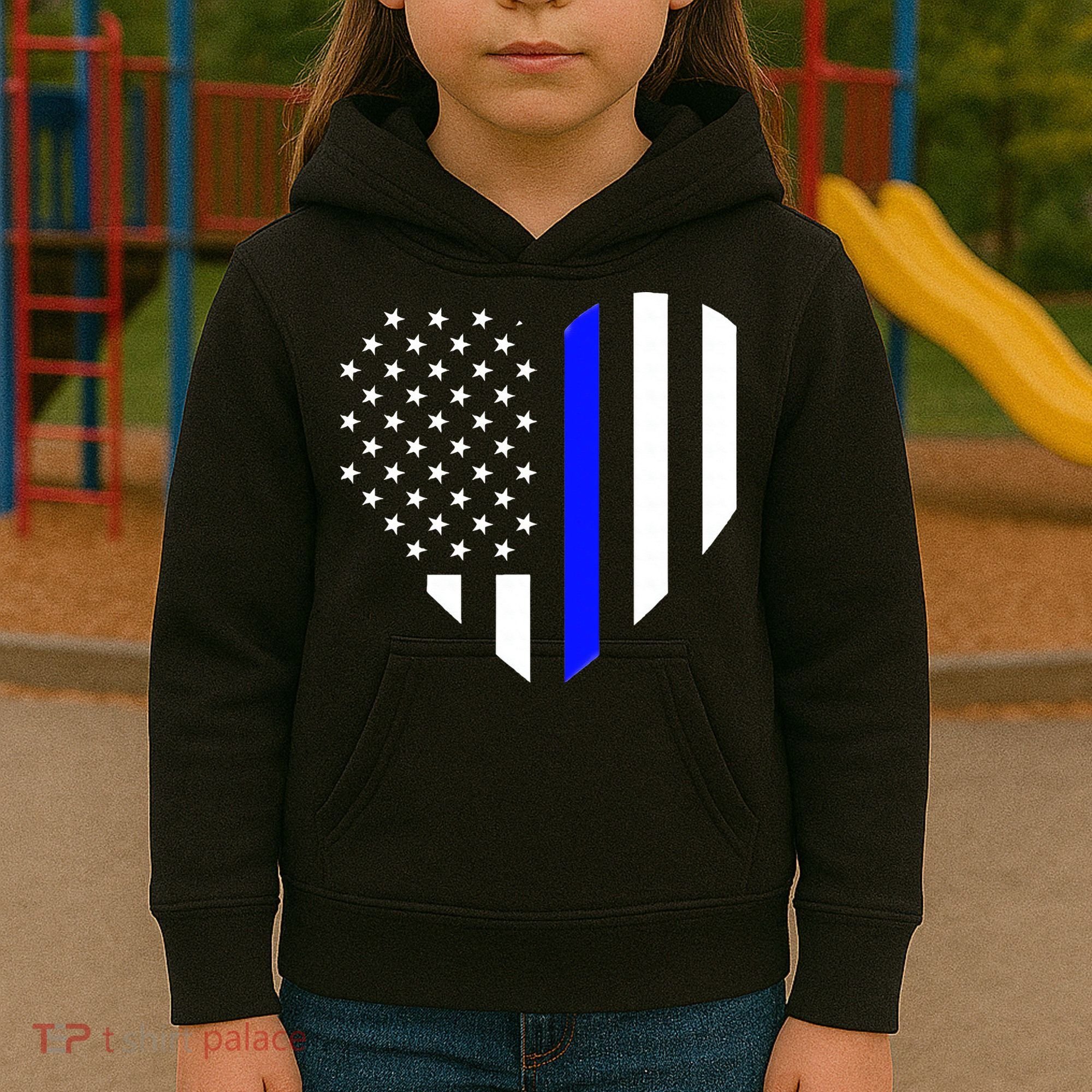 Love Our Police Officer US Flag Heart Thin Blue Line Kids Hoodie