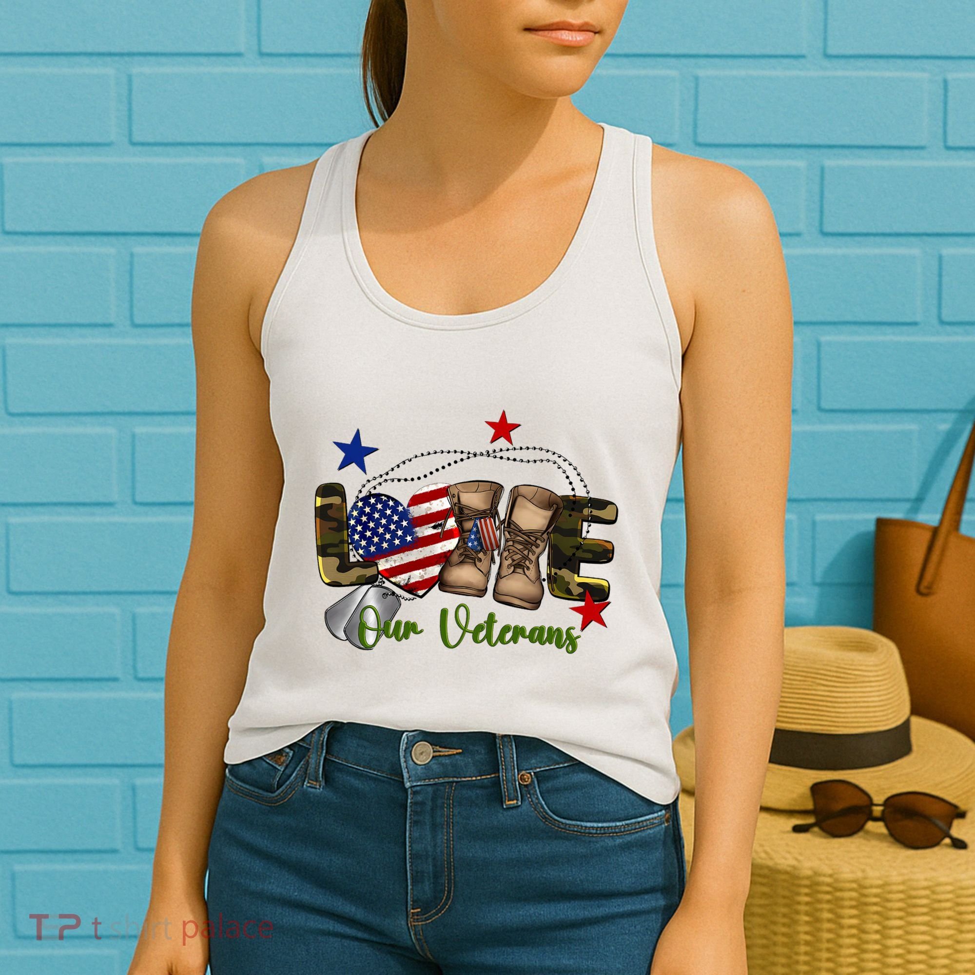Love Our Veterans Day Proud Military American Flag Women's Tank Top
