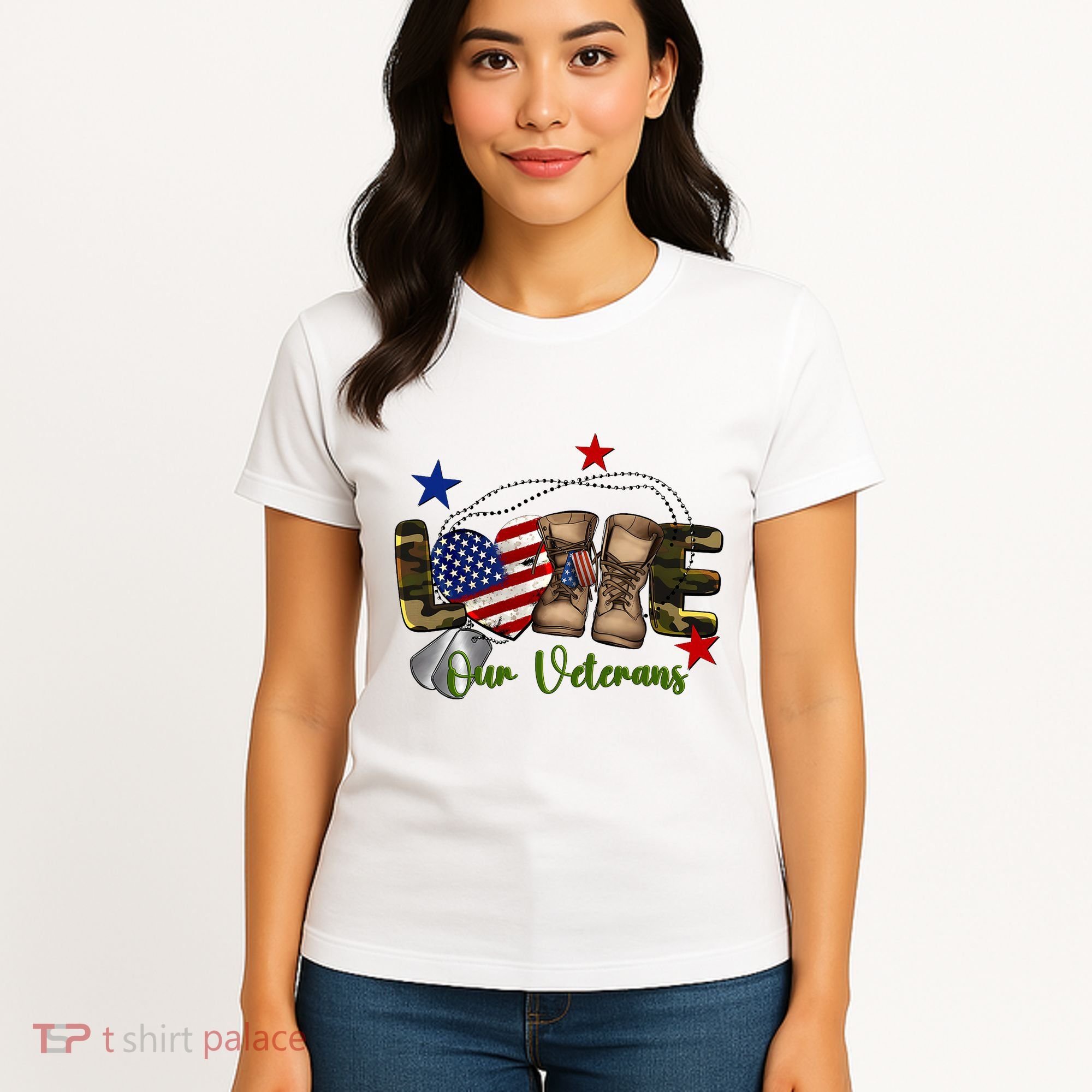 Love Our Veterans Day Proud Military American Flag Women's T-Shirt