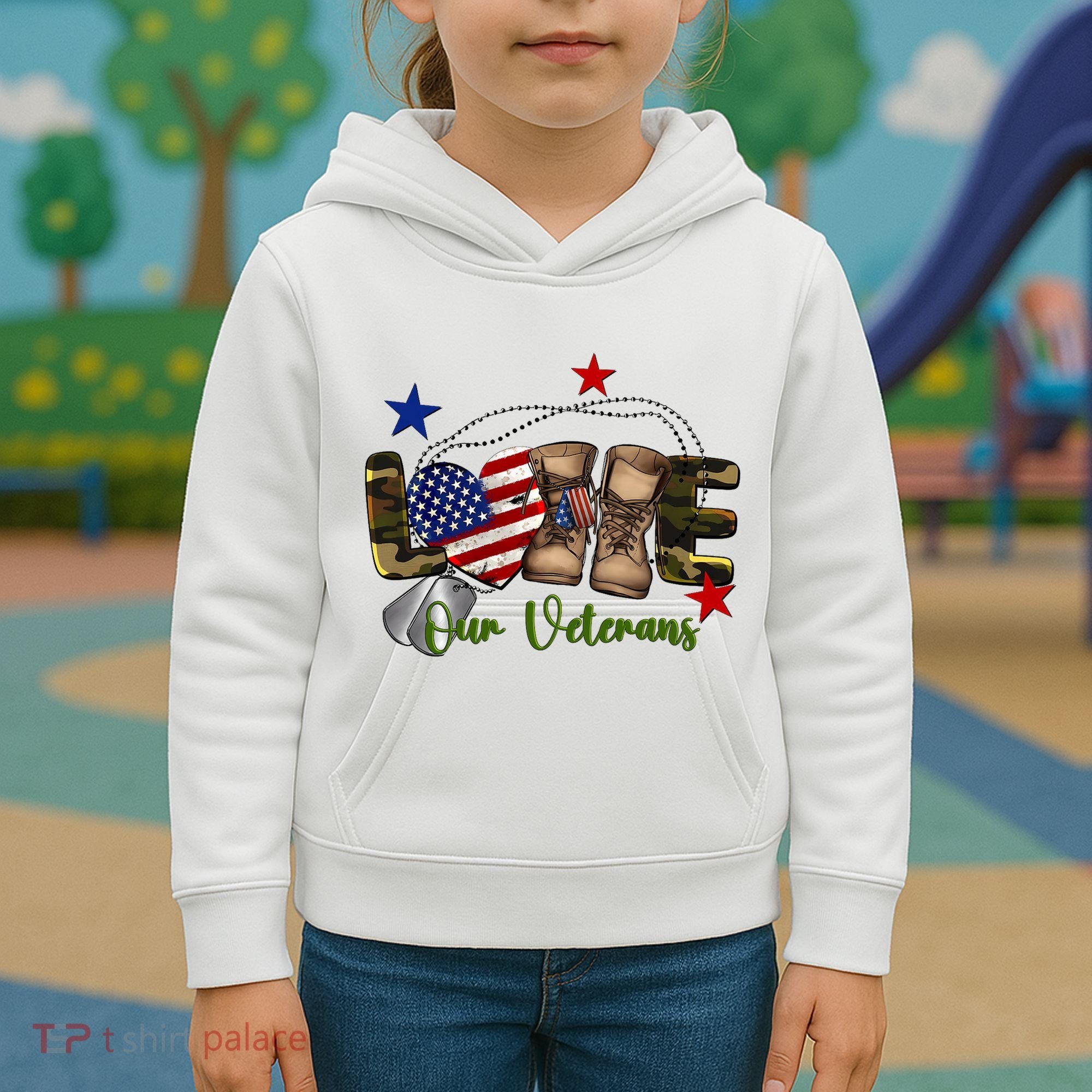Love Our Veterans Day Proud Military American Flag Kids Hoodie