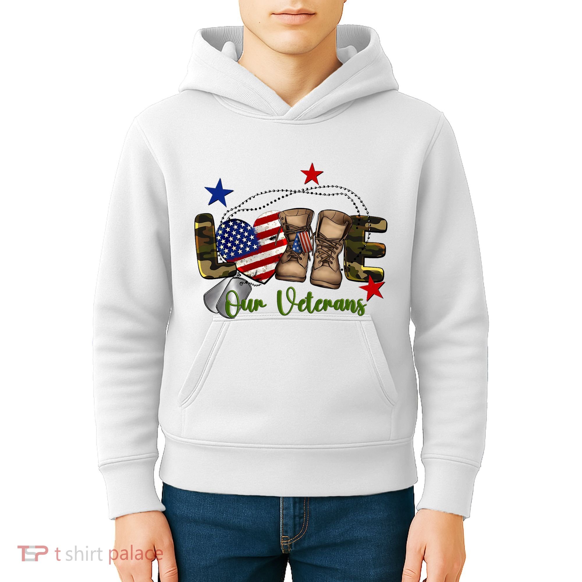 Love Our Veterans Day Proud Military American Flag Kids Hoodie