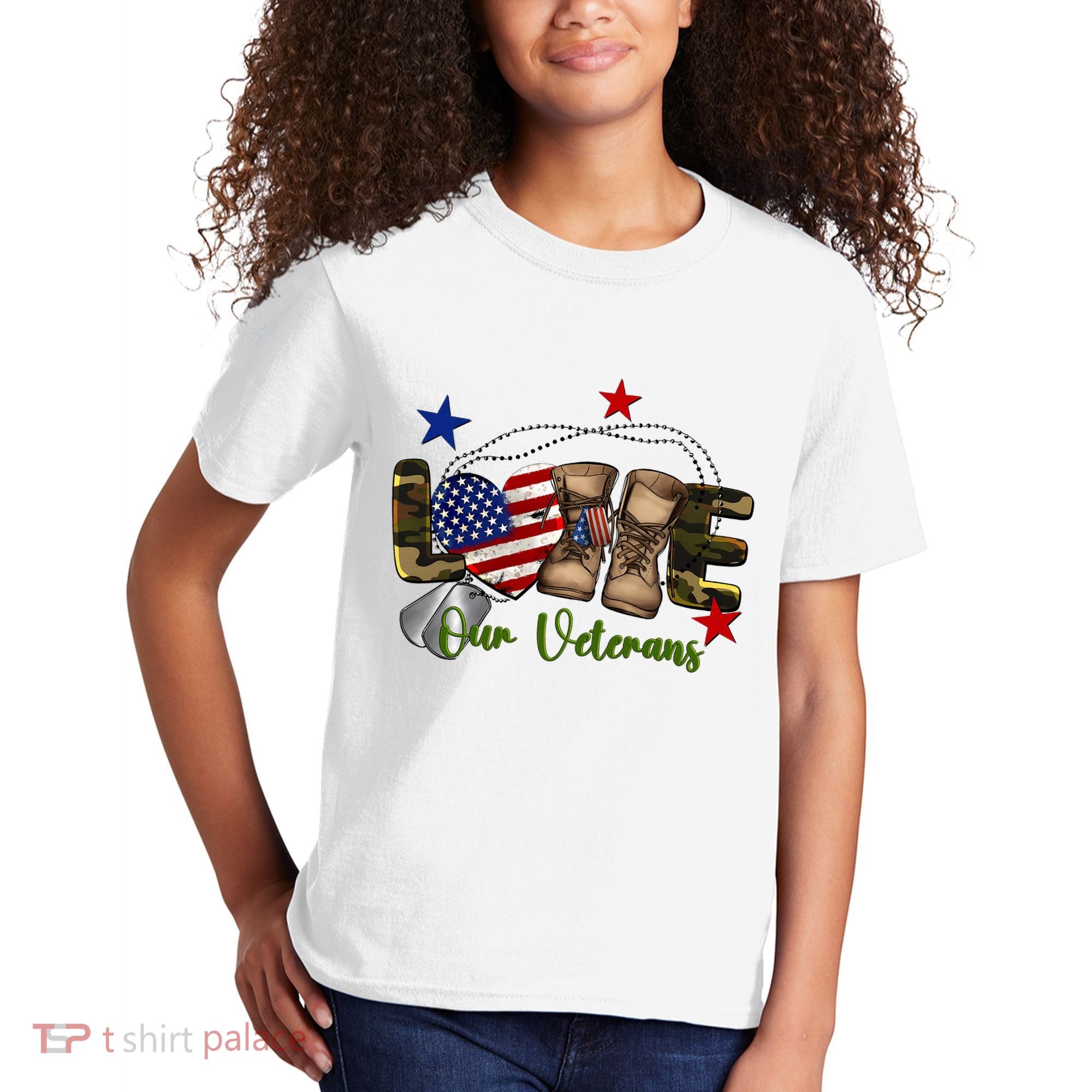 Love Our Veterans Day Proud Military American Flag Kids T-Shirt