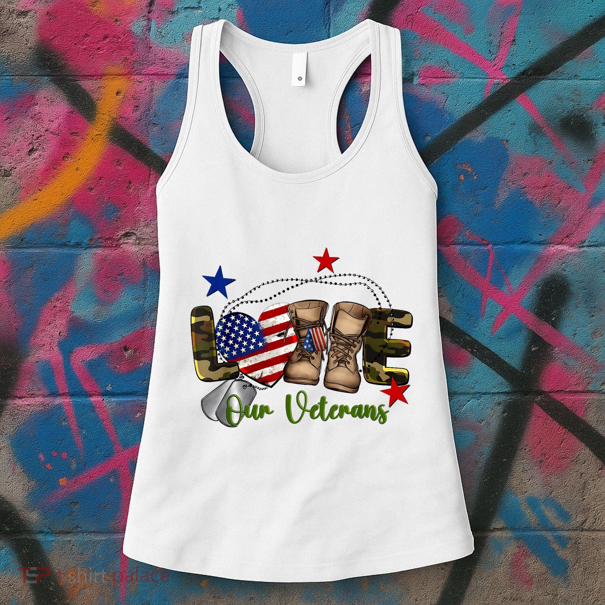 Love Our Veterans Day Proud Military American Flag Women's Tank Top