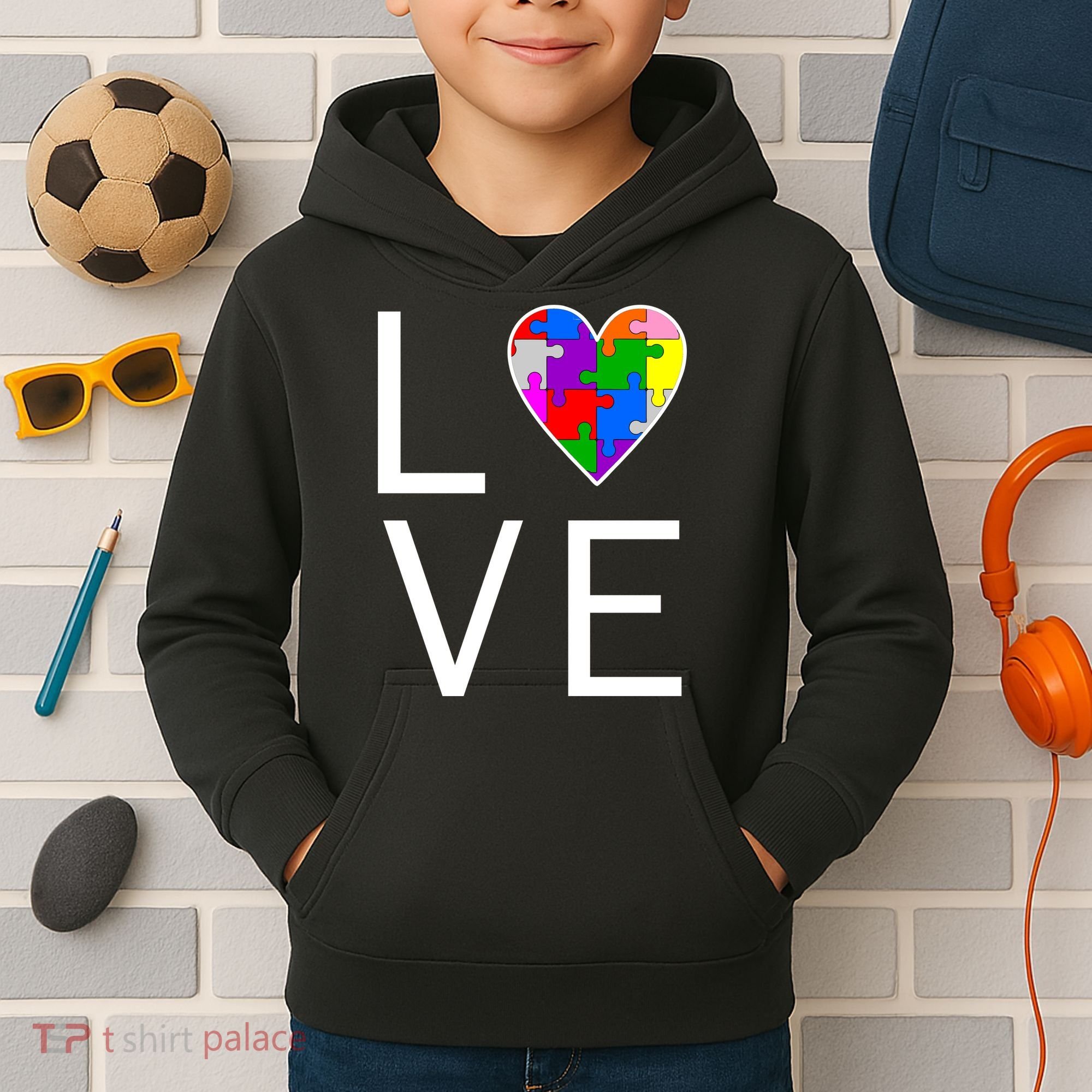 Love Autism Heart Puzzle Pieces Kids Hoodie