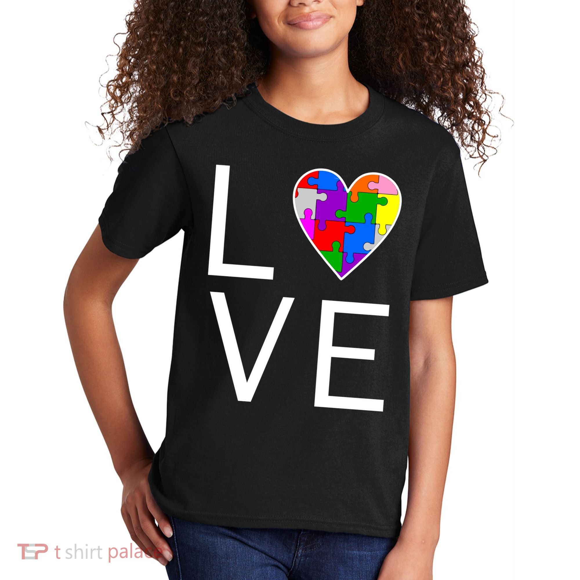 Love Autism Heart Puzzle Pieces Kids T-Shirt