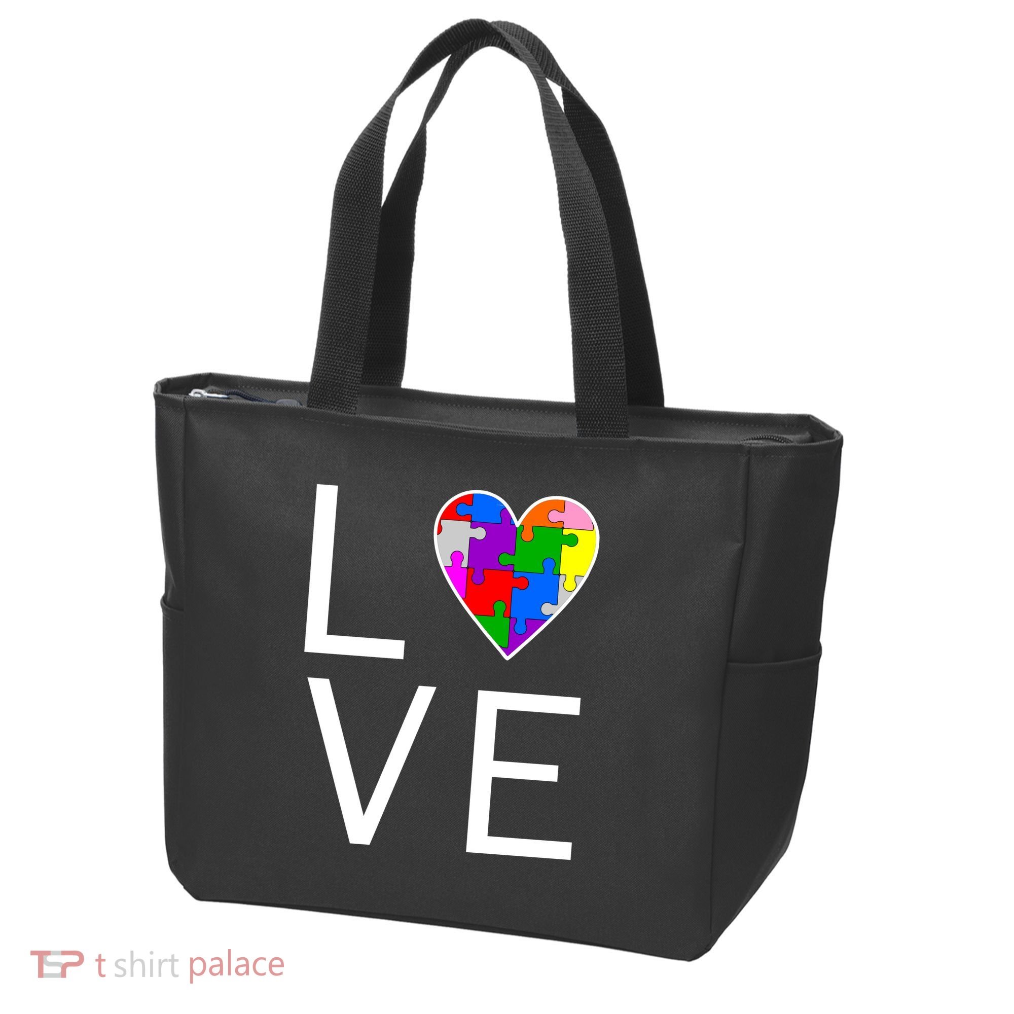 Love Autism Heart Puzzle Pieces Tote Bag