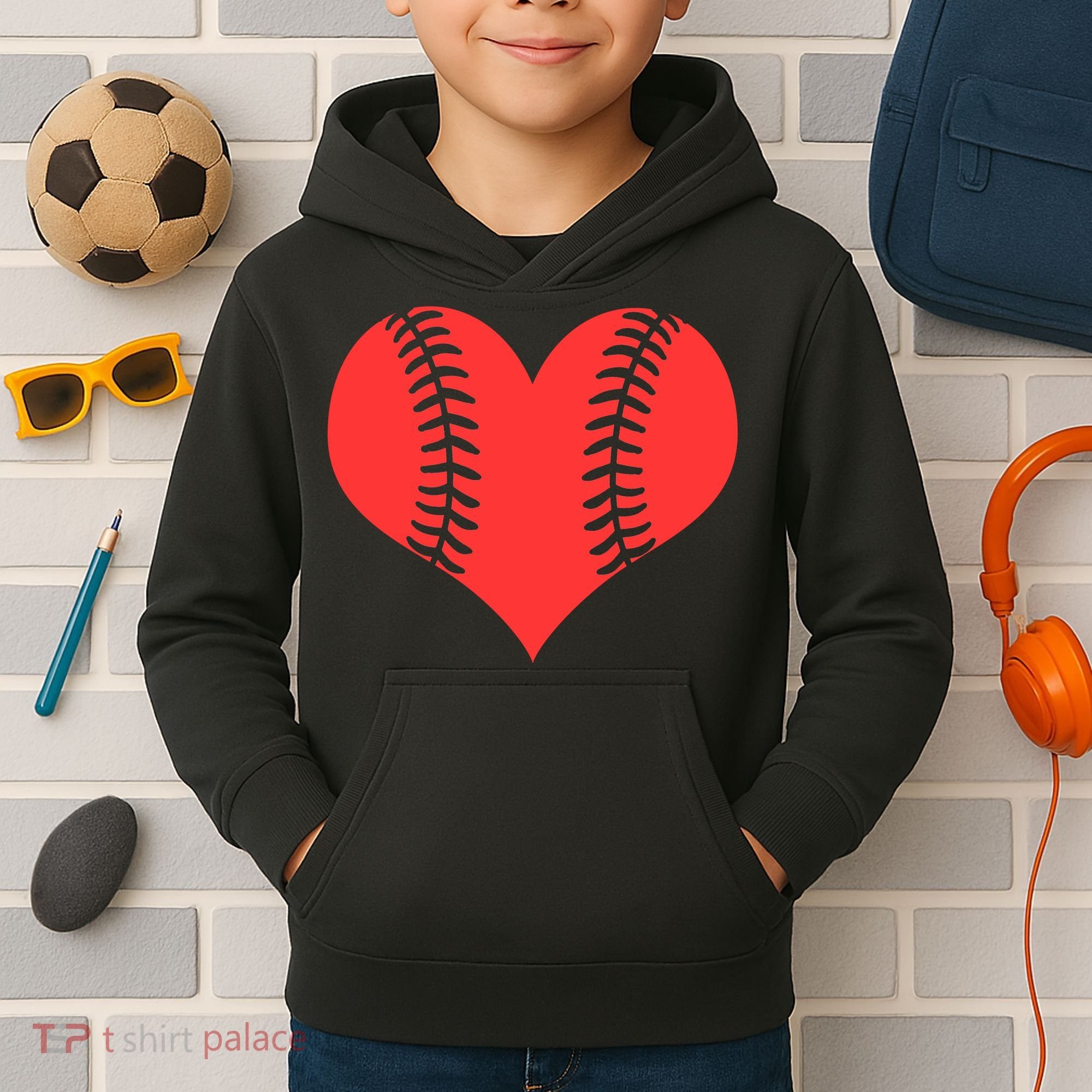 Love Baseball Red Heart Kids Hoodie