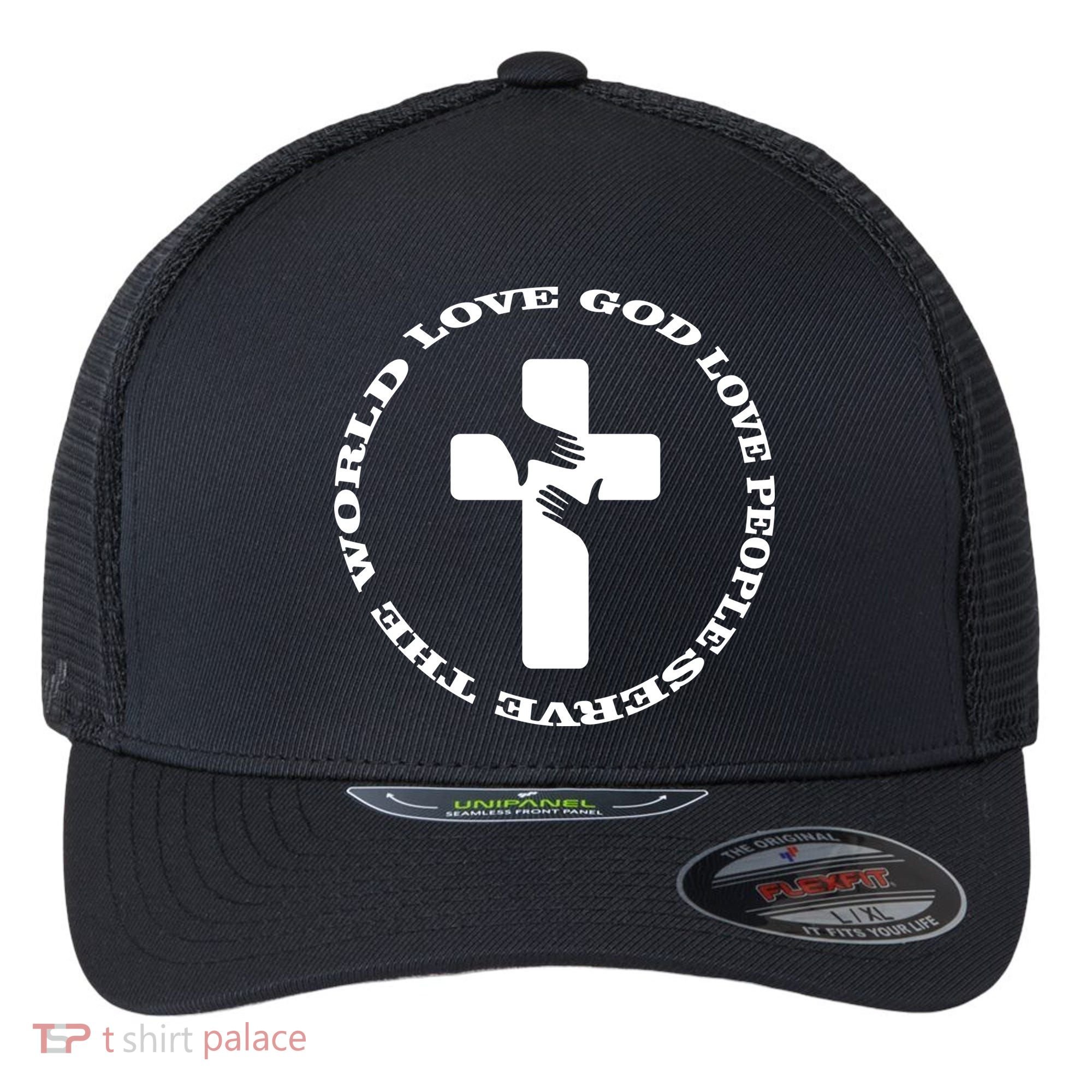 Love God People The World Flexfit Unipanel Trucker Cap