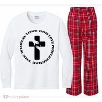 Love God People The World Kids Long Sleeve Plaid Pajama Set thumb 0