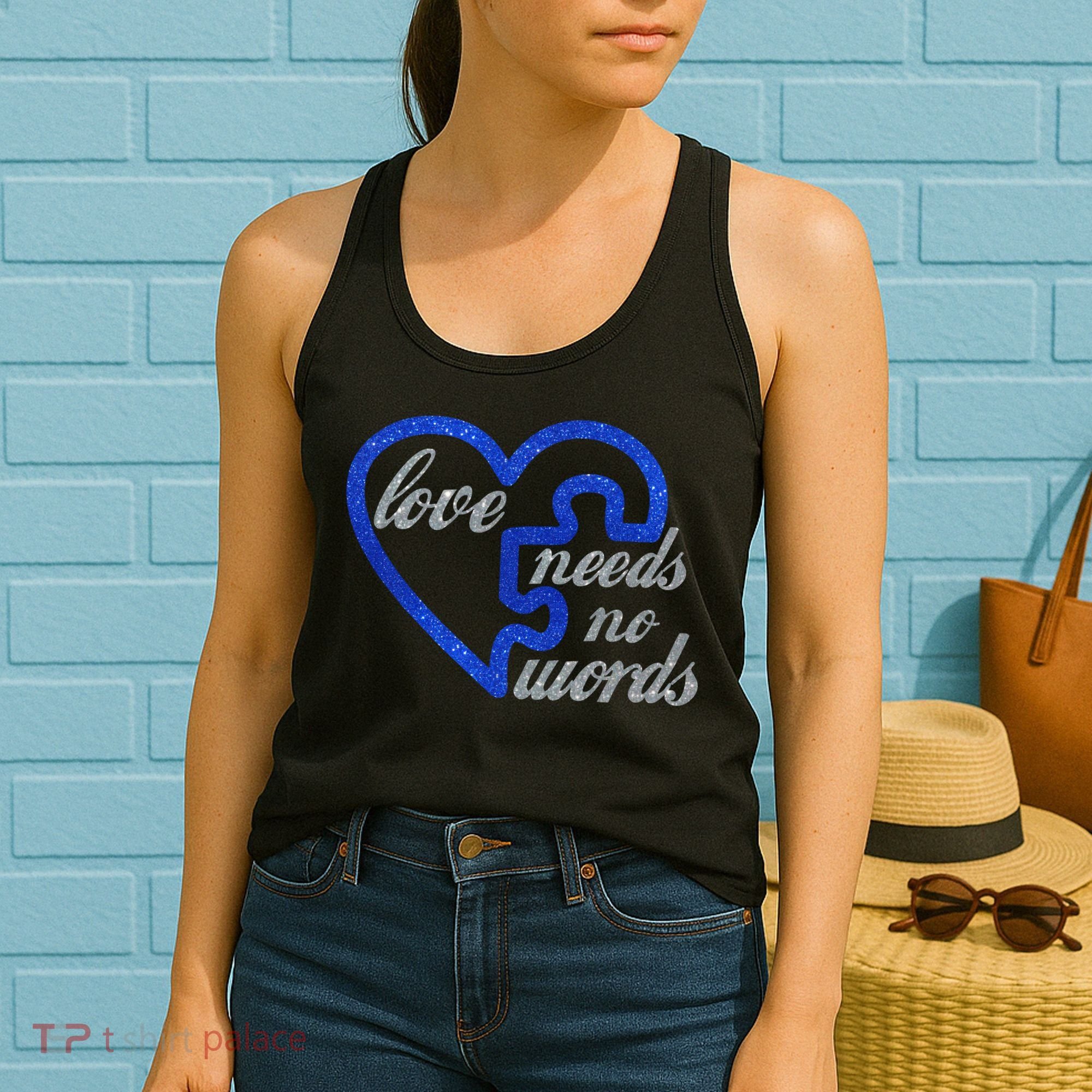 Love Needs No Words Autism Awareness Heart Puzzle Women's Tank Top