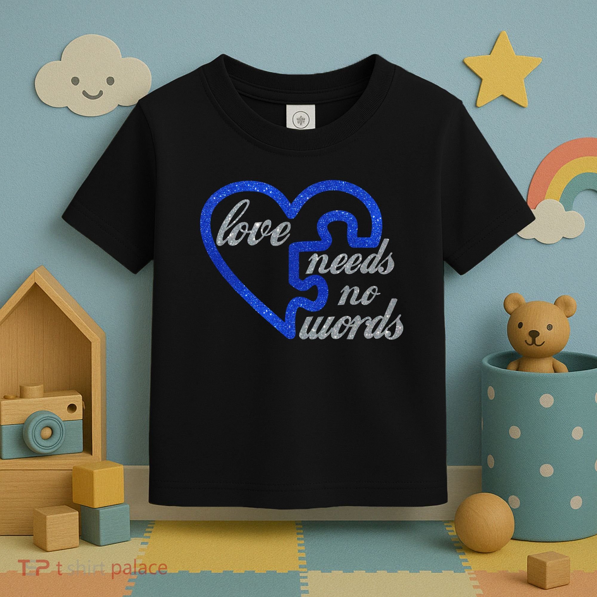 Love Needs No Words Autism Awareness Heart Puzzle Toddler T-Shirt