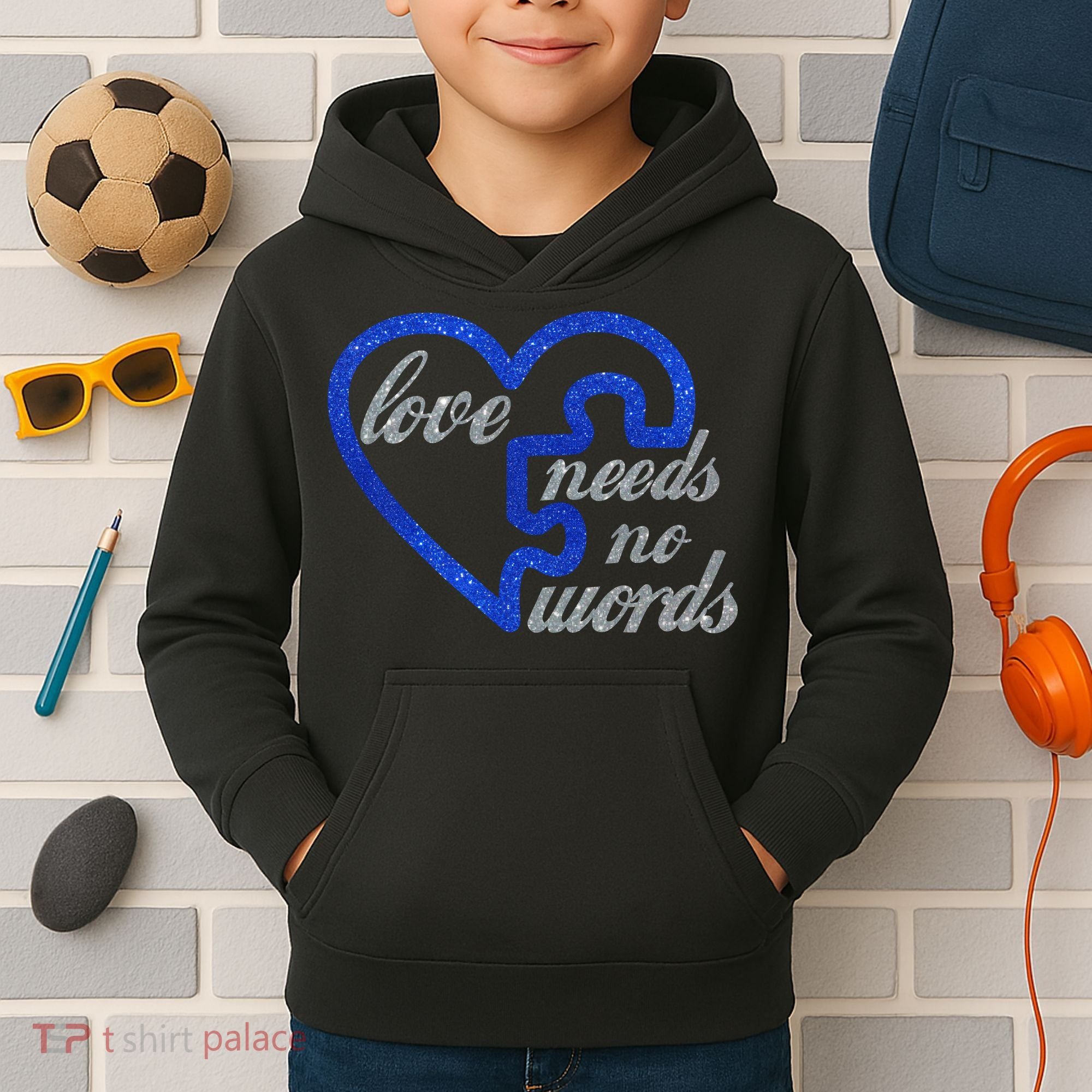 Love Needs No Words Autism Awareness Heart Puzzle Kids Hoodie