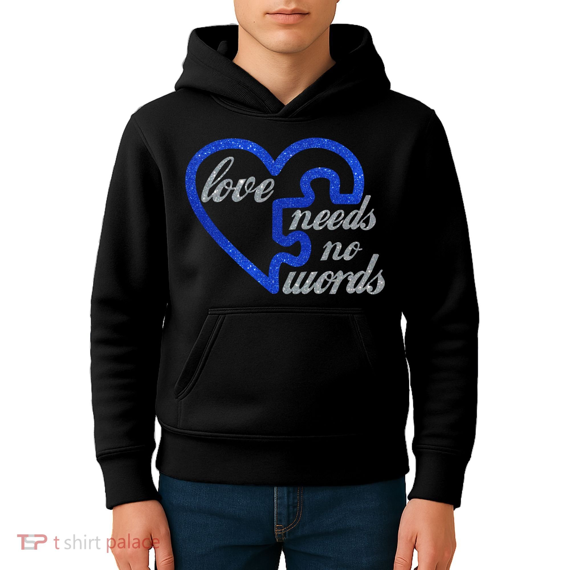 Love Needs No Words Autism Awareness Heart Puzzle Kids Hoodie