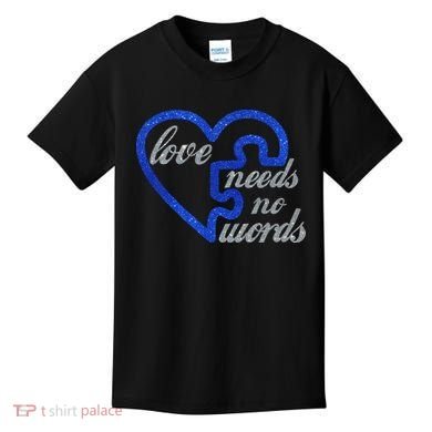 Love Needs No Words Autism Awareness Heart Puzzle Kids T-Shirt