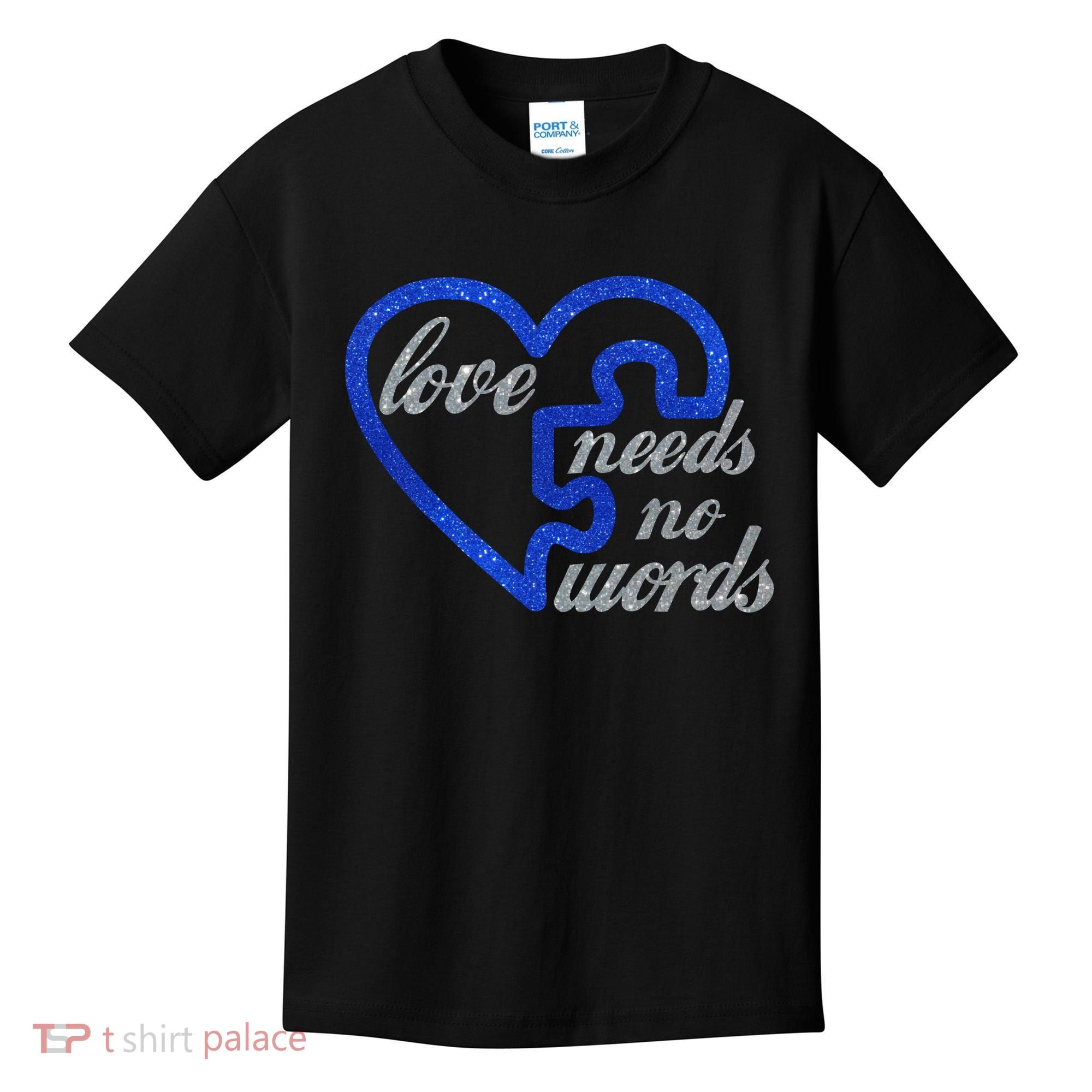 Love Needs No Words Autism Awareness Heart Puzzle Kids T-Shirt