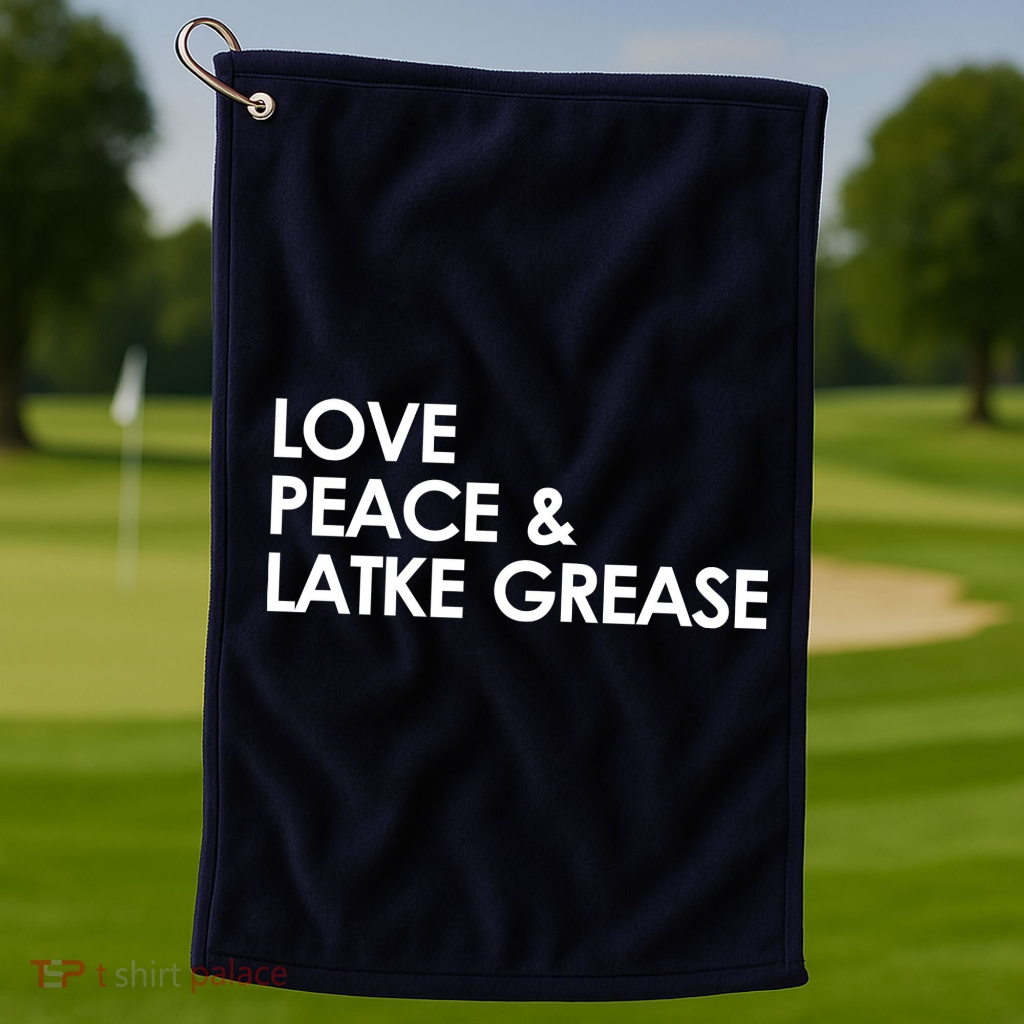 Love Peace & Latke Grease Funny Hanukkah Golf Towel