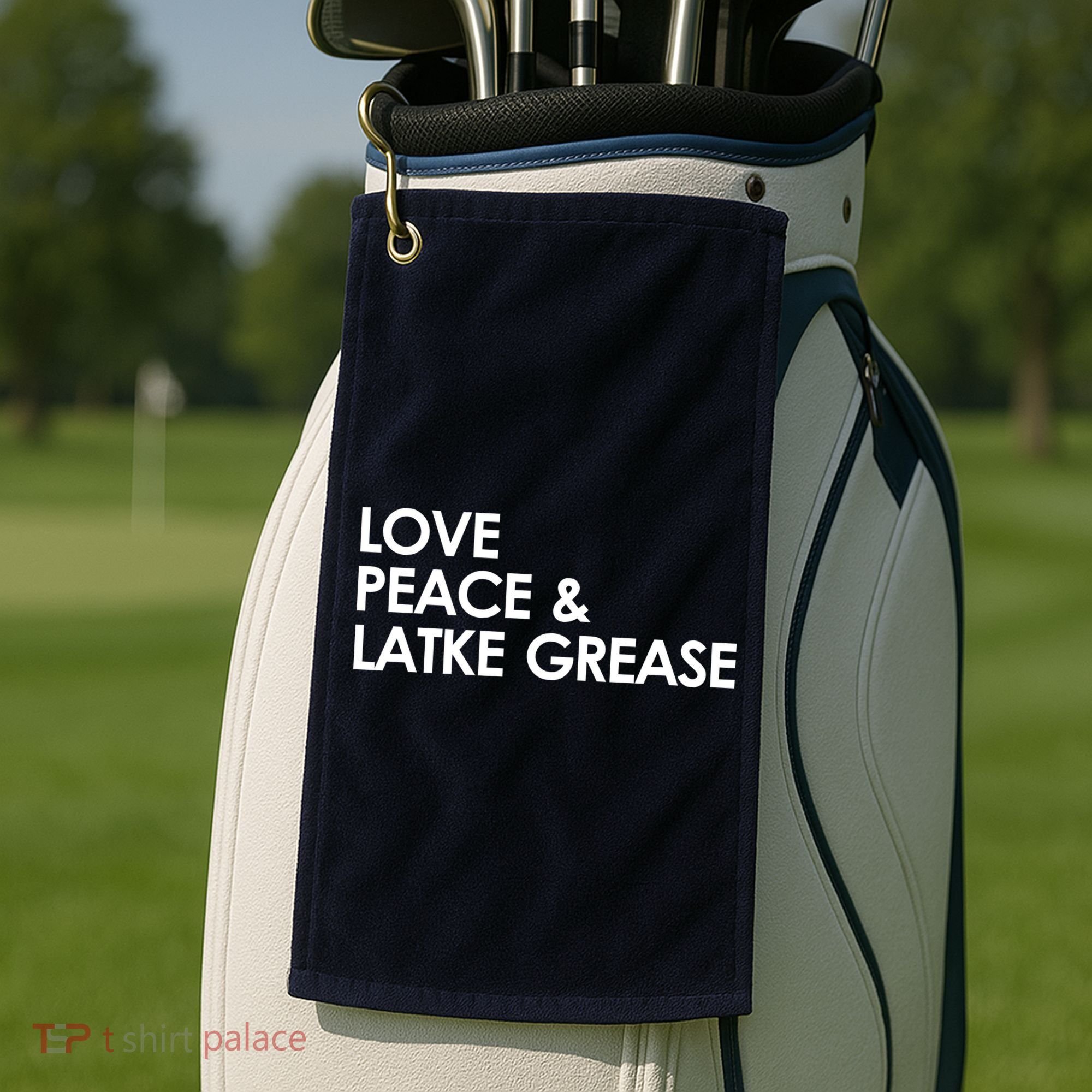 Love Peace & Latke Grease Funny Hanukkah Golf Towel