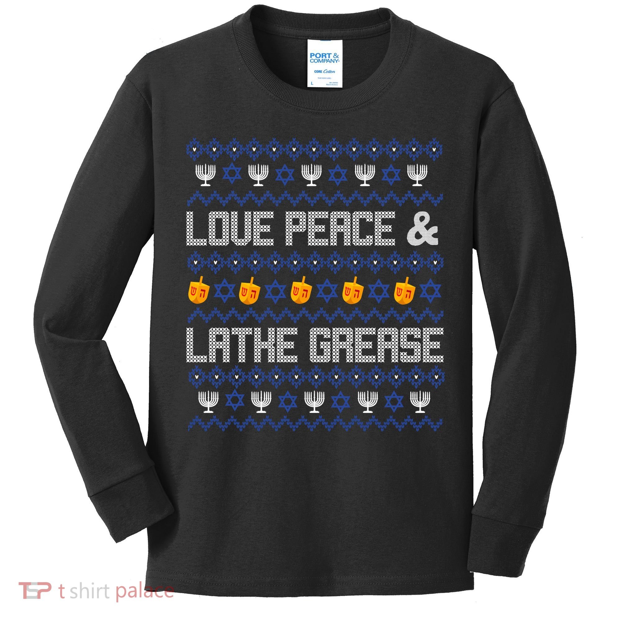 Love Peace & Latke Grease Hanukkah Ugly Kids Long Sleeve Shirt