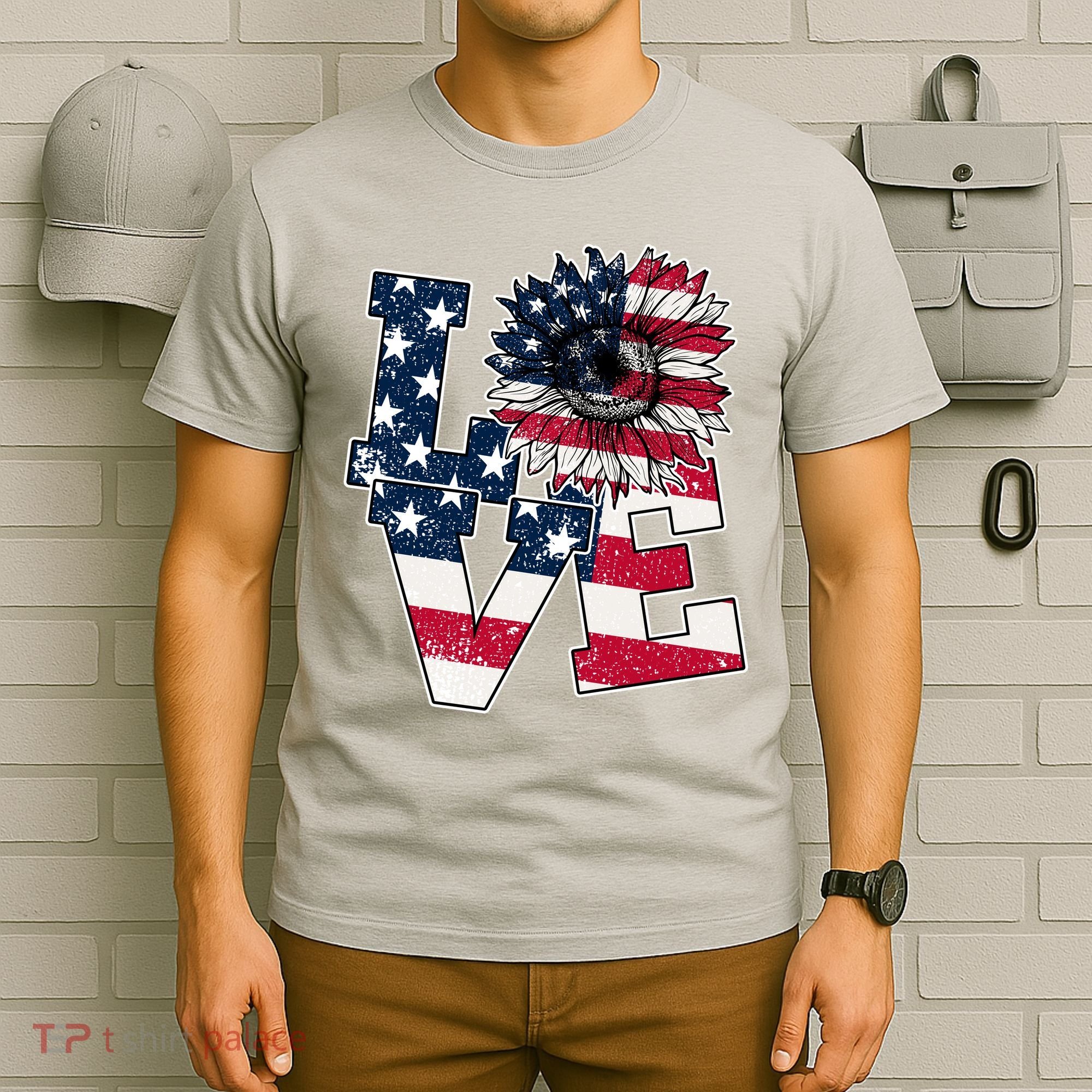 Love Sunflower Patriotic American Flag 4th Of July T-Shirt