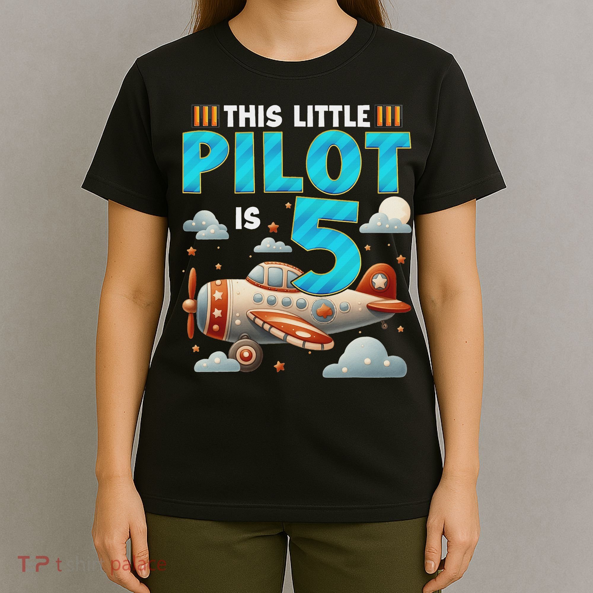 Little Pilot 5 Years Old Airplane 5th Birthday Aircraft T-Shirt