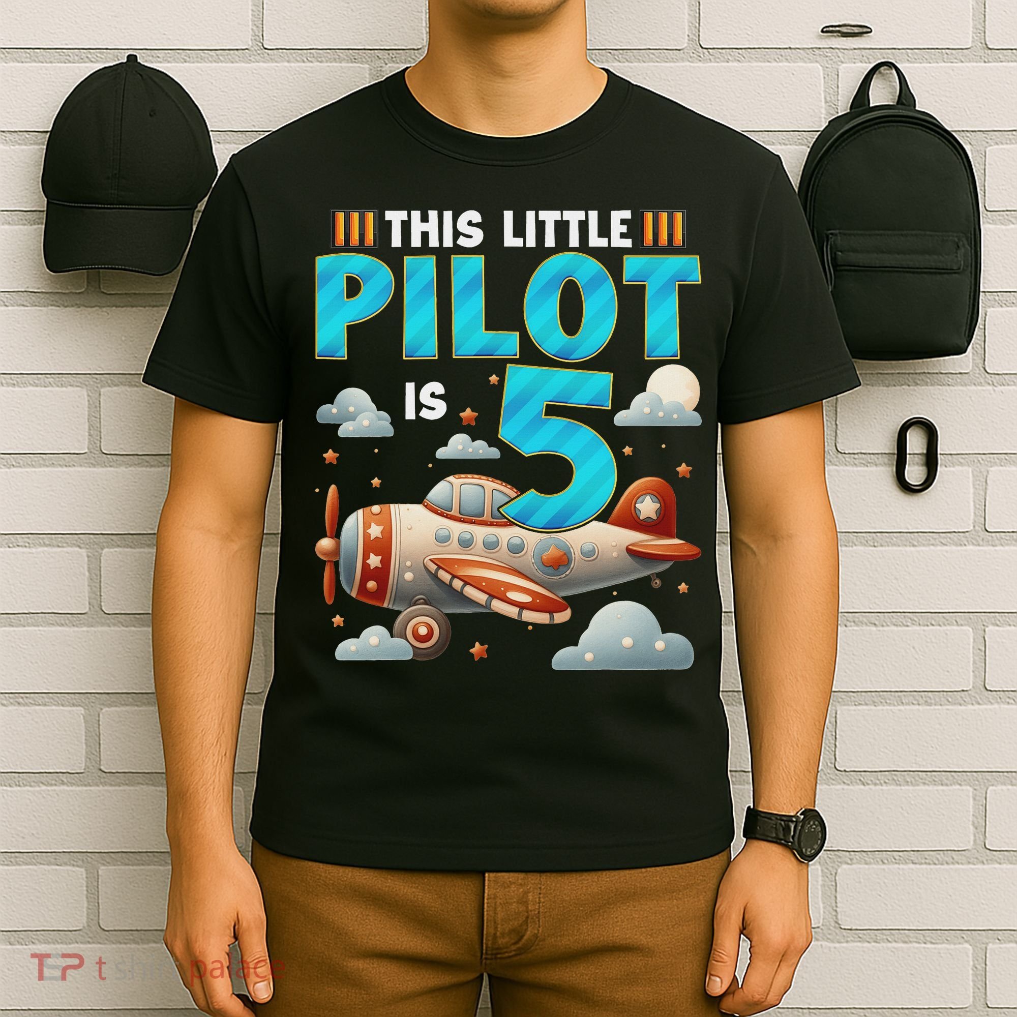 Little Pilot 5 Years Old Airplane 5th Birthday Aircraft T-Shirt