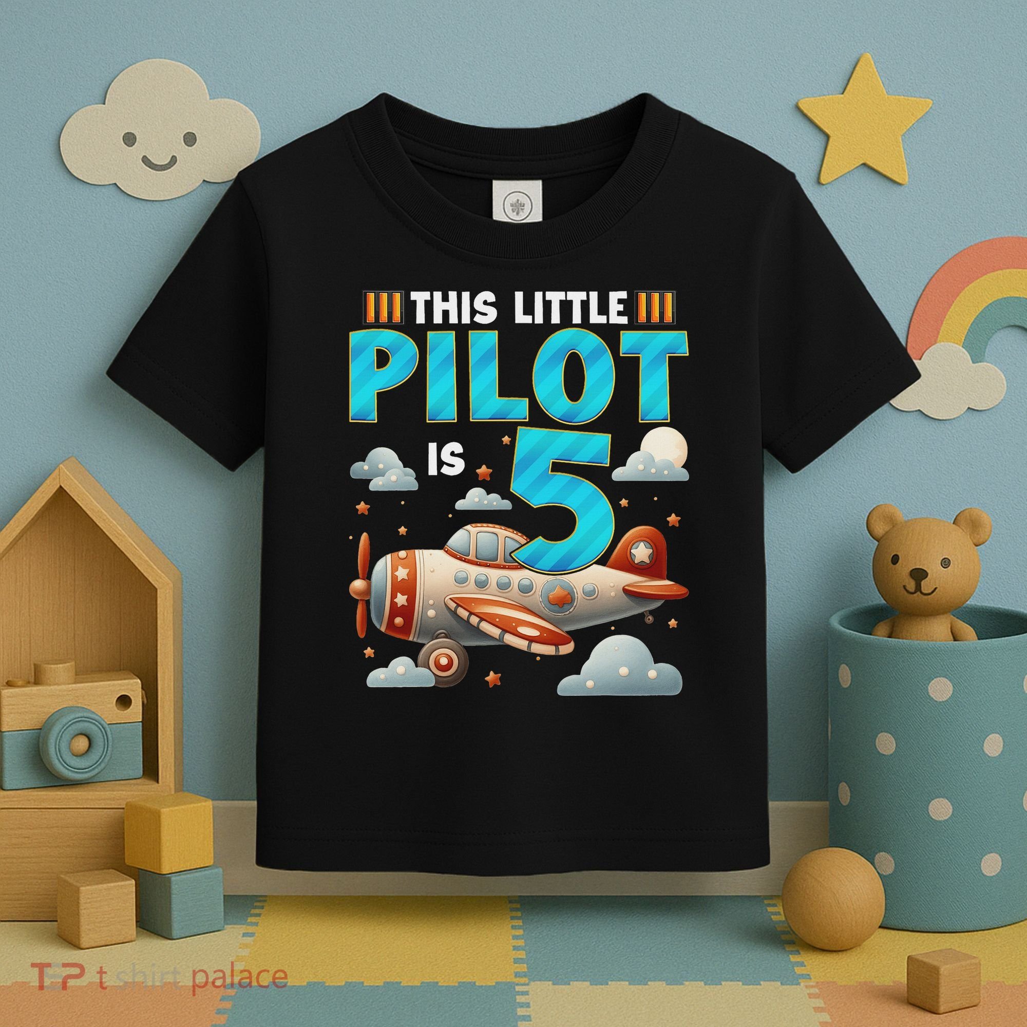 Little Pilot 5 Years Old Airplane 5th Birthday Aircraft Toddler T-Shirt