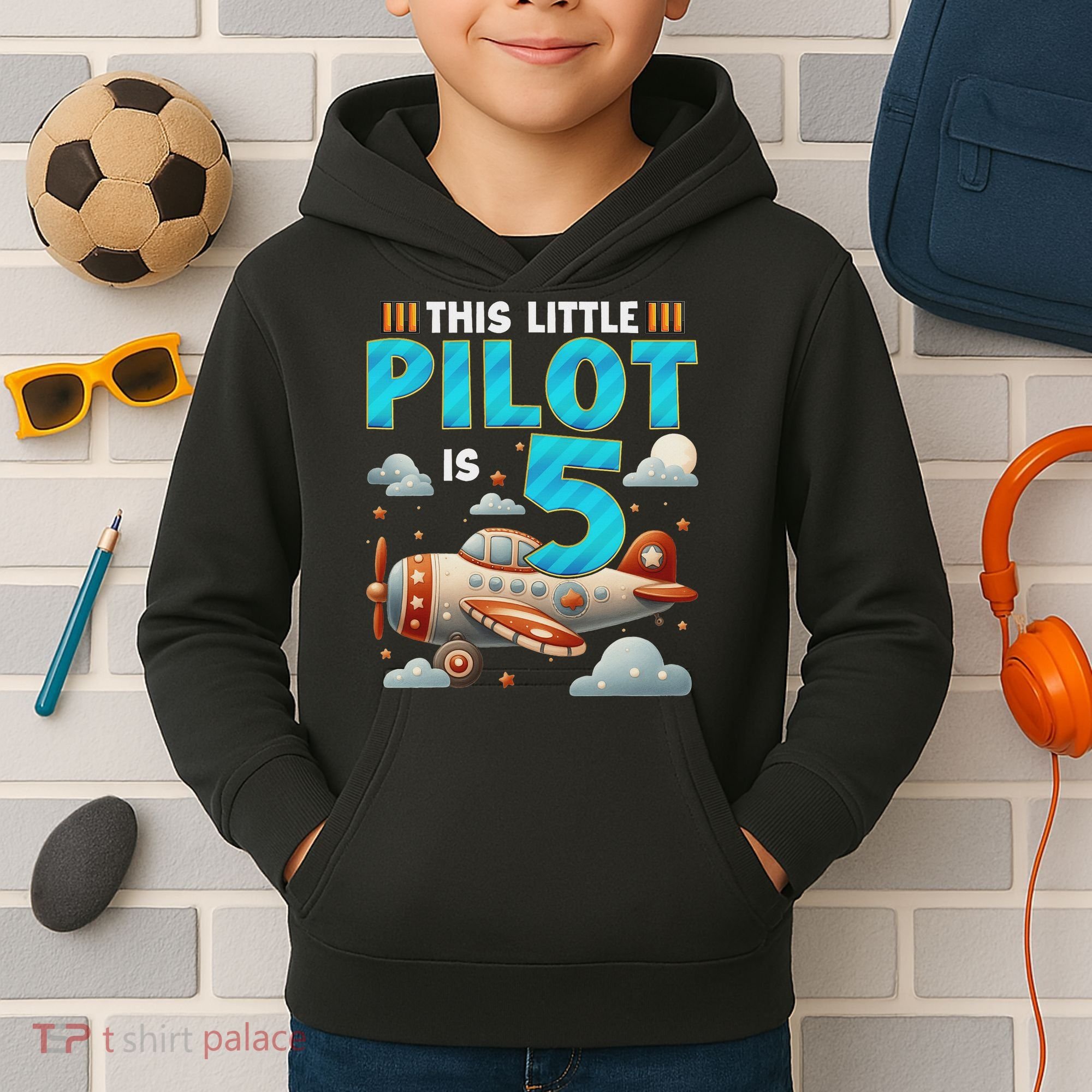 Little Pilot 5 Years Old Airplane 5th Birthday Aircraft Kids Hoodie